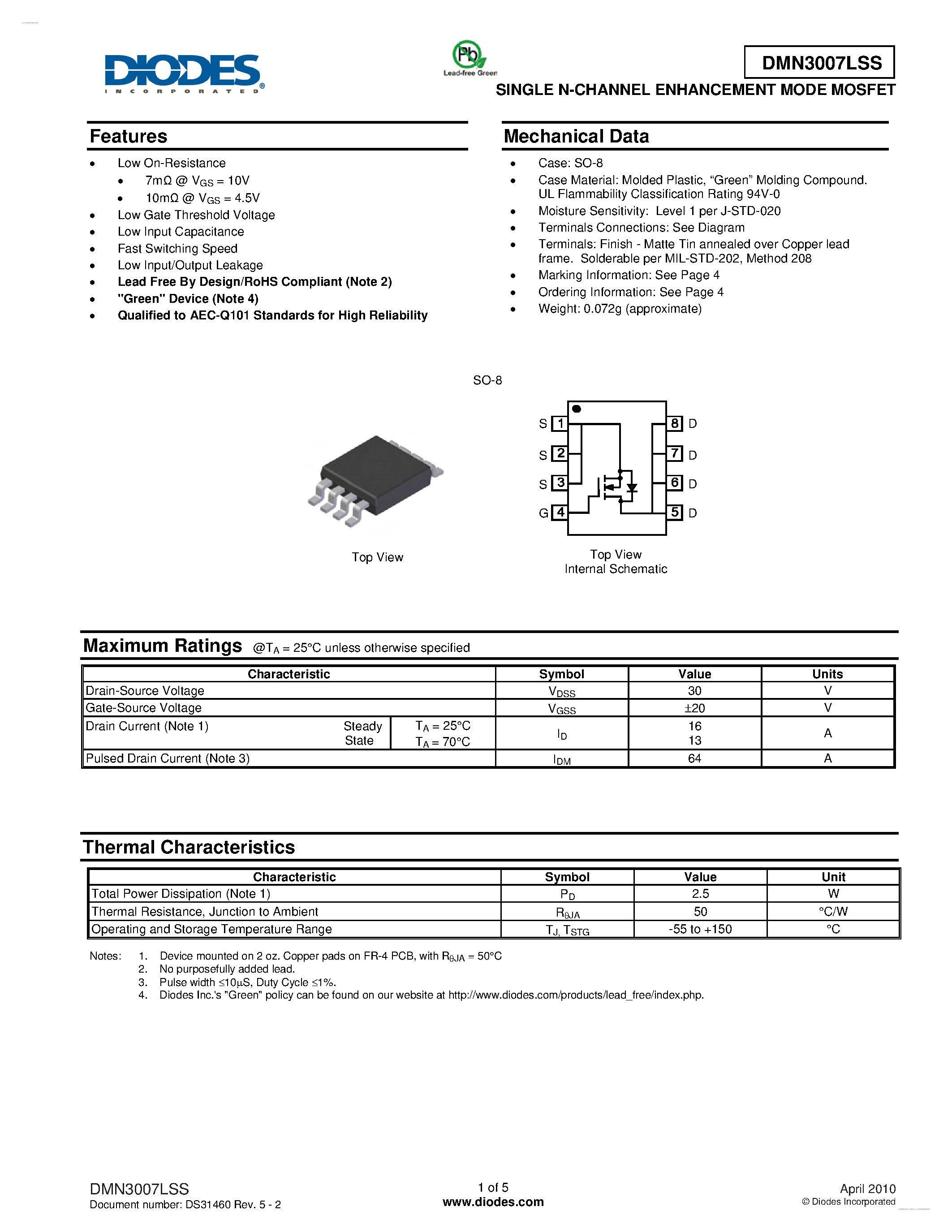 Datasheet DMN3007LSS - SINGLE N-CHANNEL ENHANCEMENT MODE MOSFET page 1
