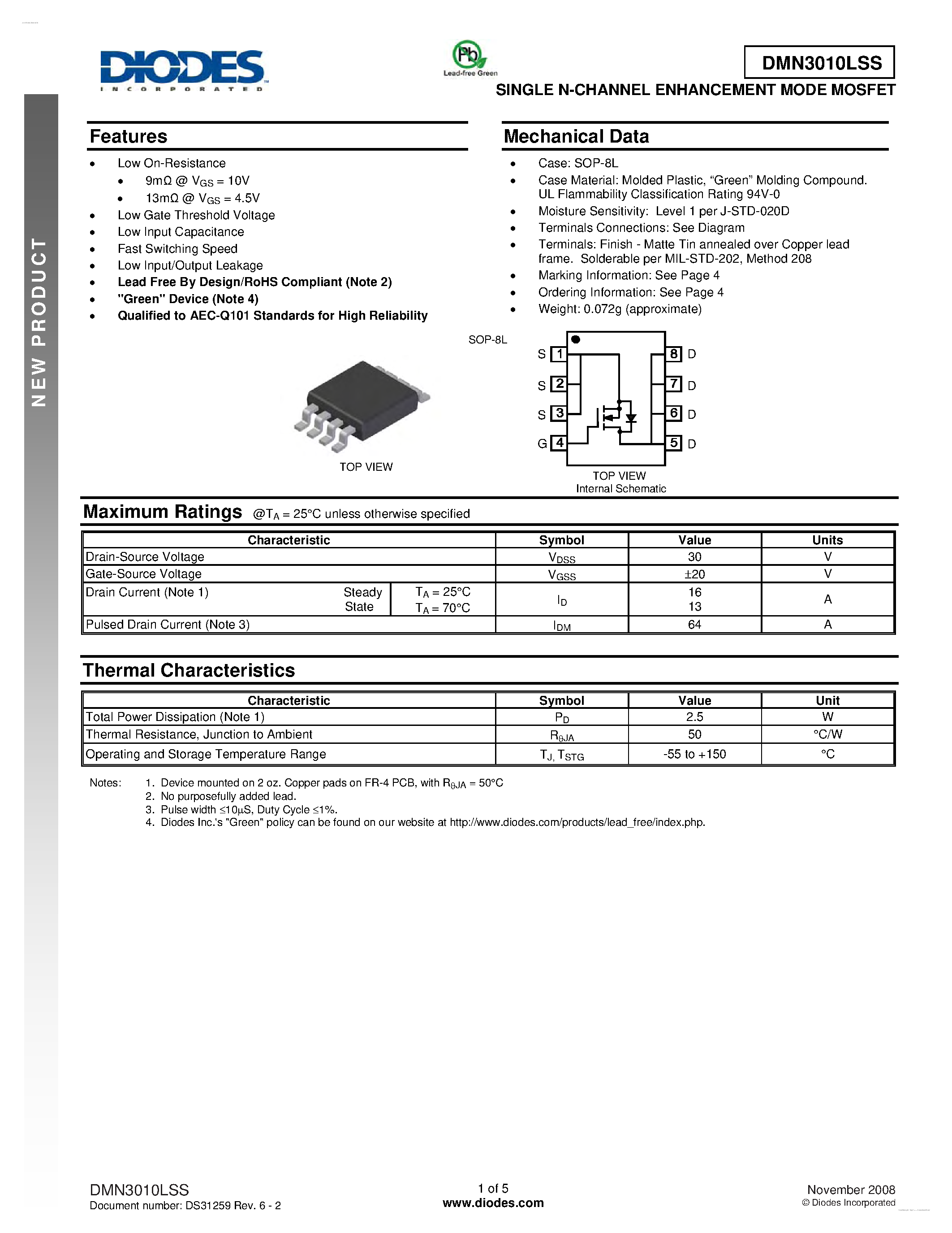 Datasheet DMN3010LSS - SINGLE N-CHANNEL ENHANCEMENT MODE MOSFET page 1