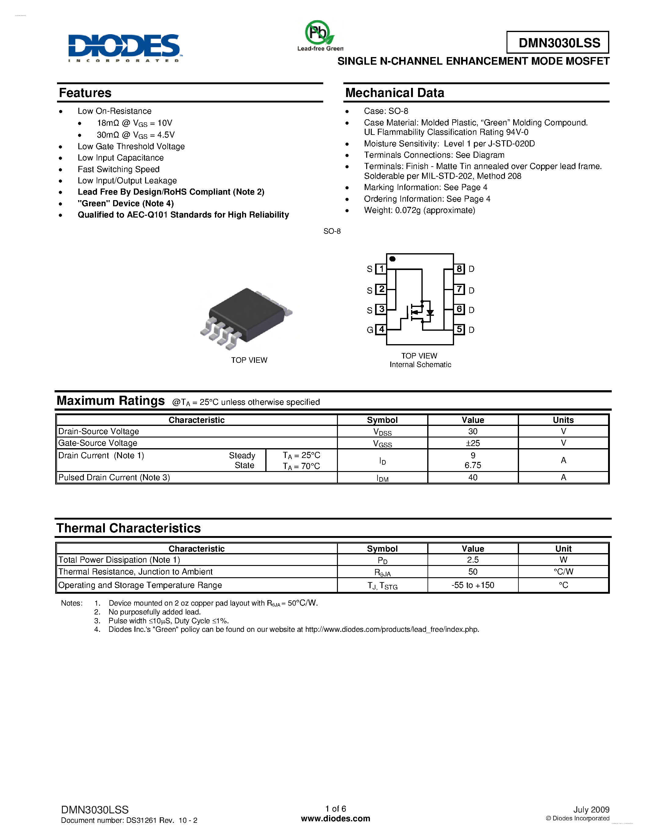 Datasheet DMN3030LSS page 1 Datasheet DMN3030LSS - SINGLE N-CHANNEL ENHANCEMENT MODE MOSFET page 1