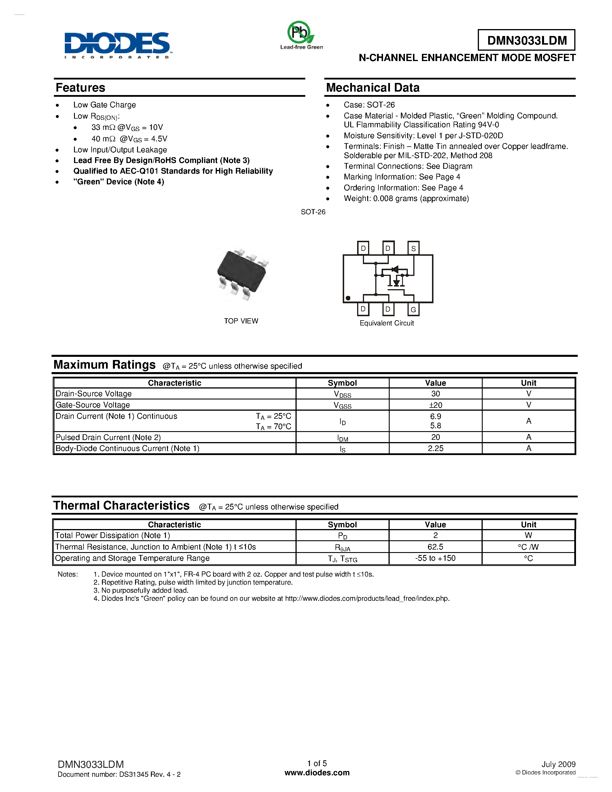 Datasheet DMN3033LDM - N-CHANNEL ENHANCEMENT MODE MOSFET page 1
