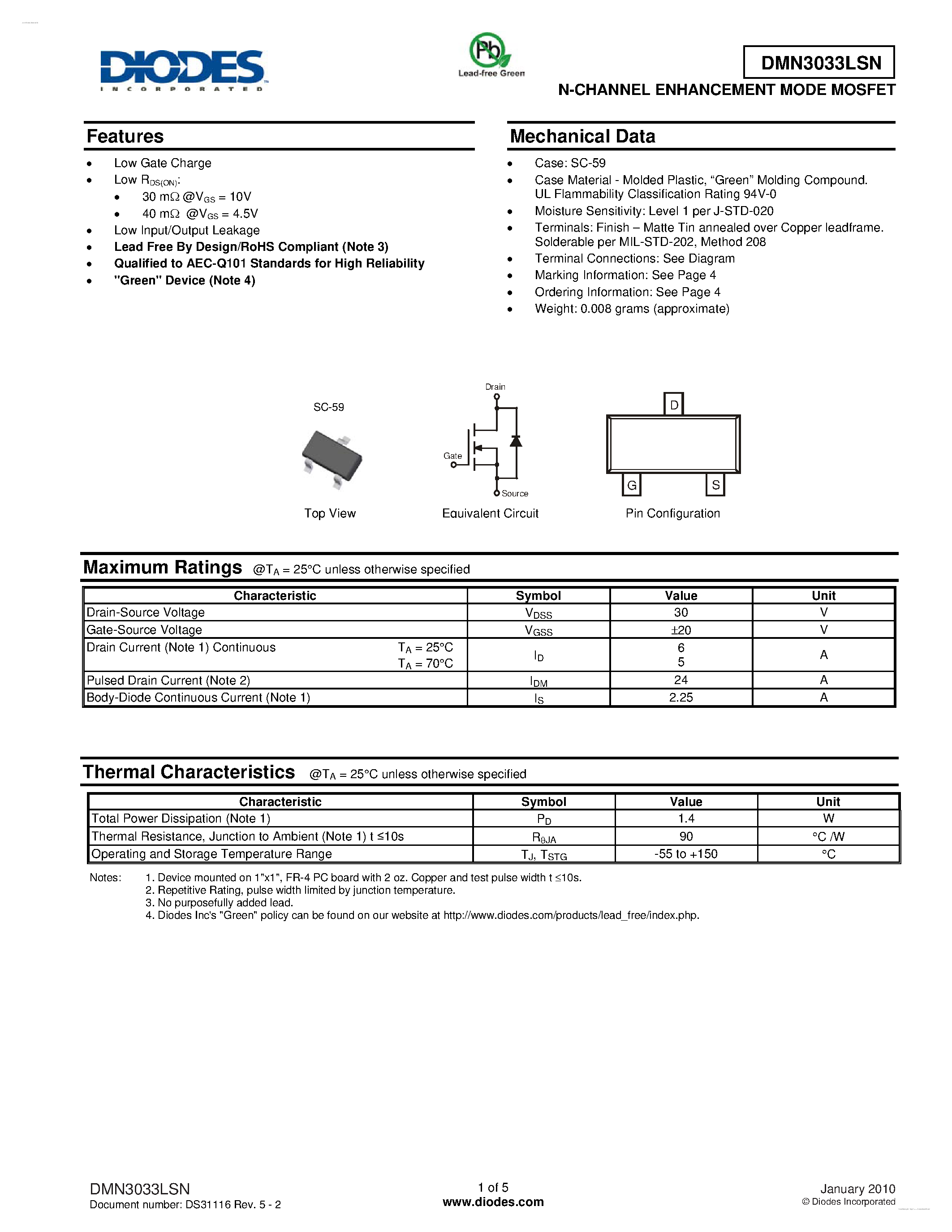 Datasheet DMN3033LSN - N-CHANNEL ENHANCEMENT MODE MOSFET page 1