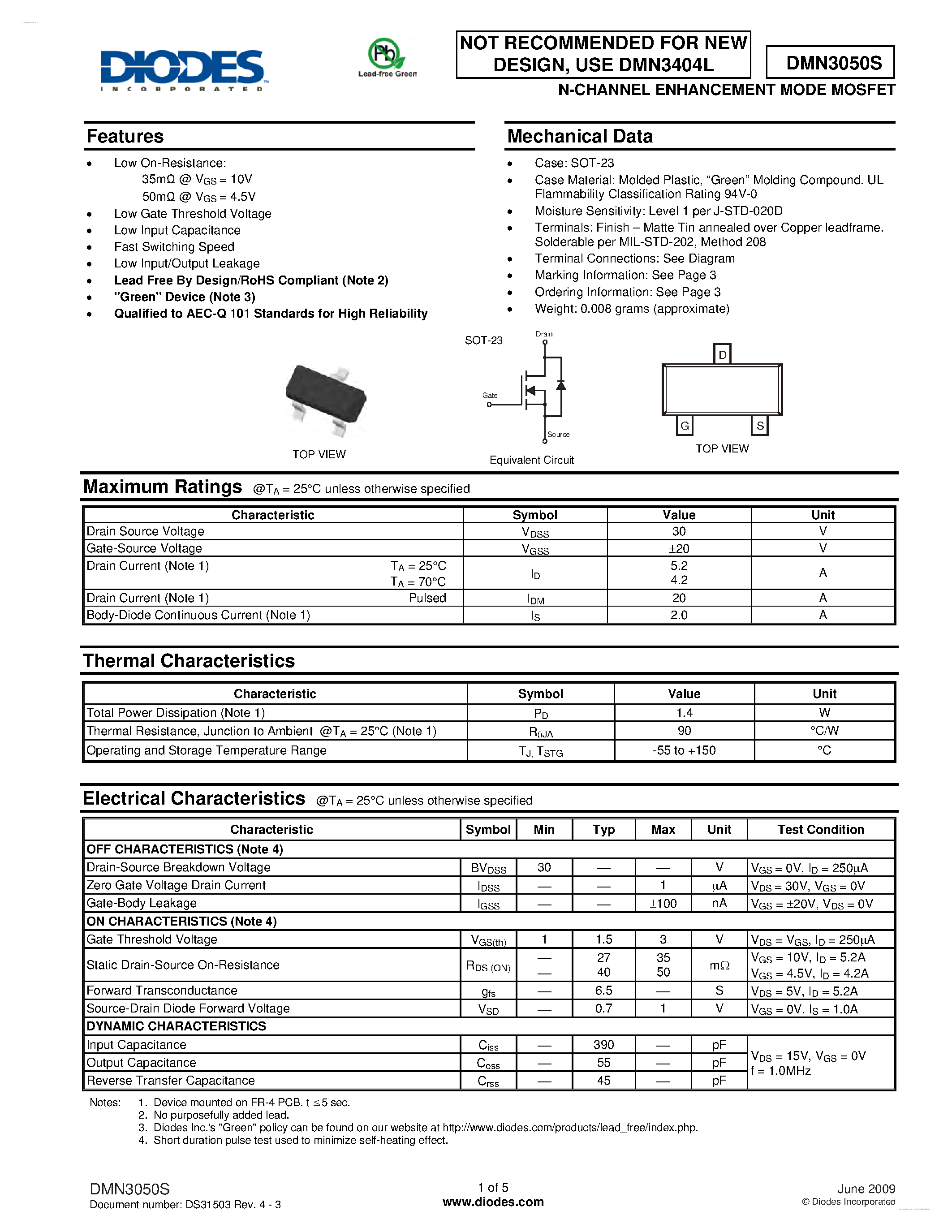 Datasheet DMN3050S page 1 Datasheet DMN3050S - N-CHANNEL ENHANCEMENT MODE MOSFET page 1