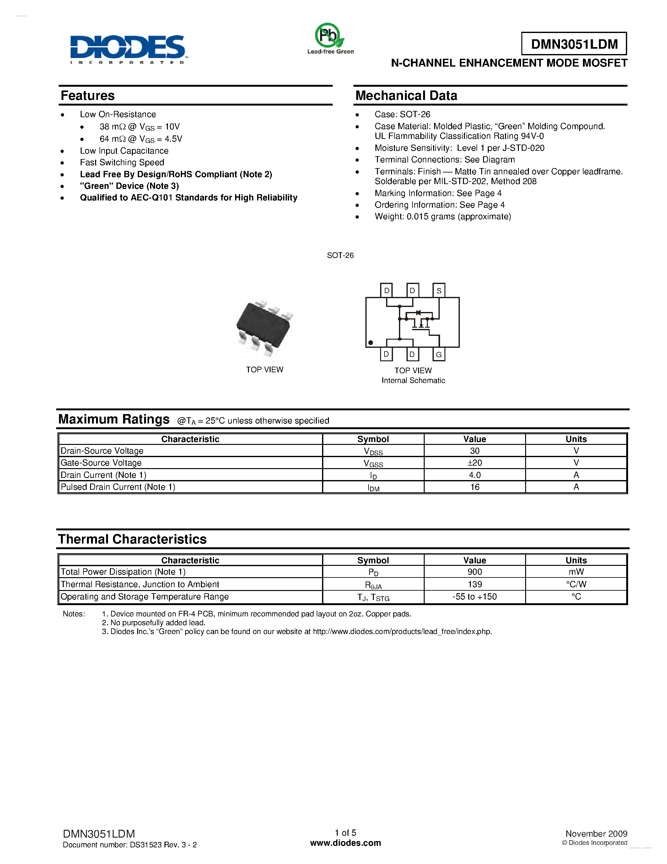 Datasheet DMN3051LDM page 1 Datasheet DMN3051LDM - N-CHANNEL ENHANCEMENT MODE FIELD EFFECT TRANSISTOR page 1