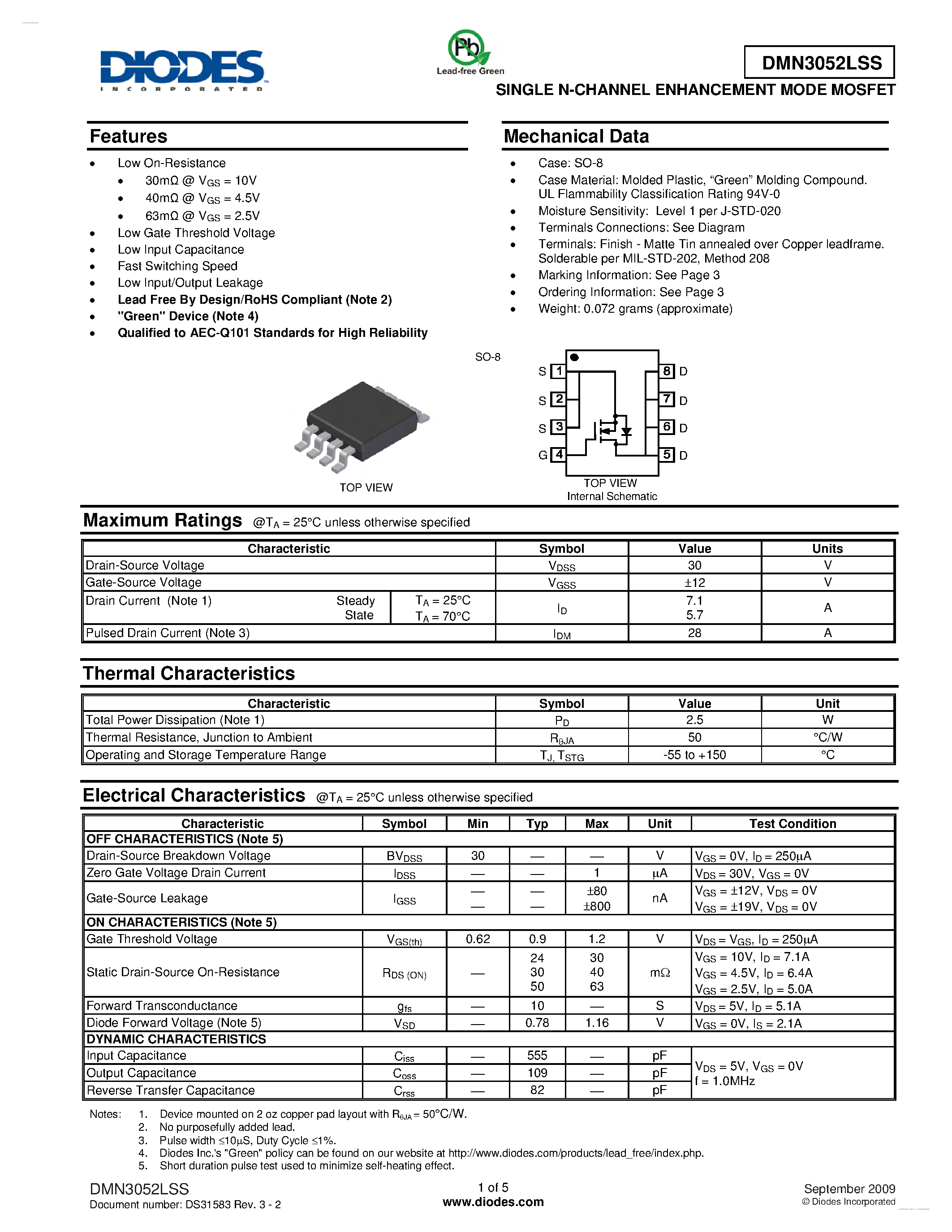 Datasheet DMN3052LSS page 1 Datasheet DMN3052LSS - SINGLE N-CHANNEL ENHANCEMENT MODE MOSFET page 1