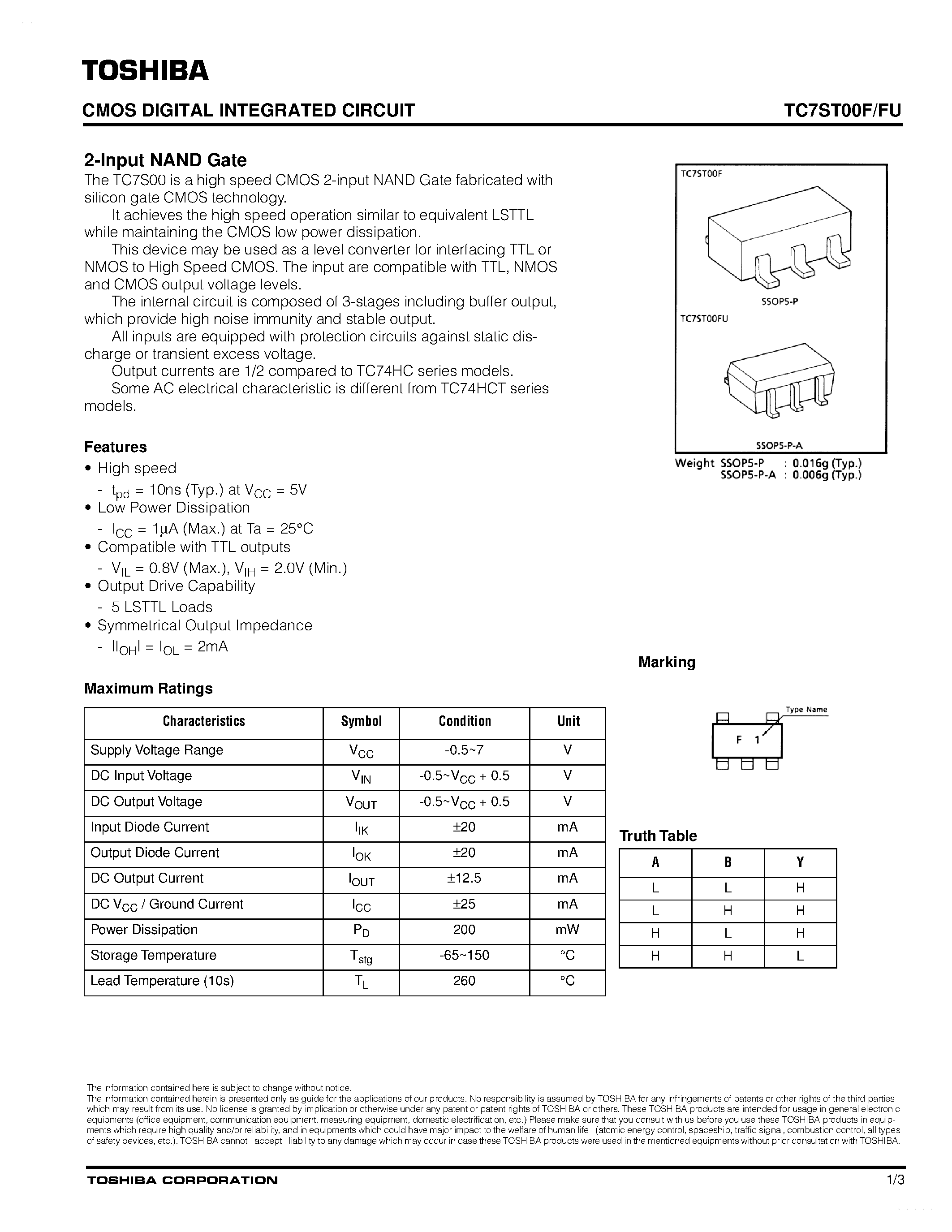 Datasheet TC7ST00F - 2-input NAND Gate page 1