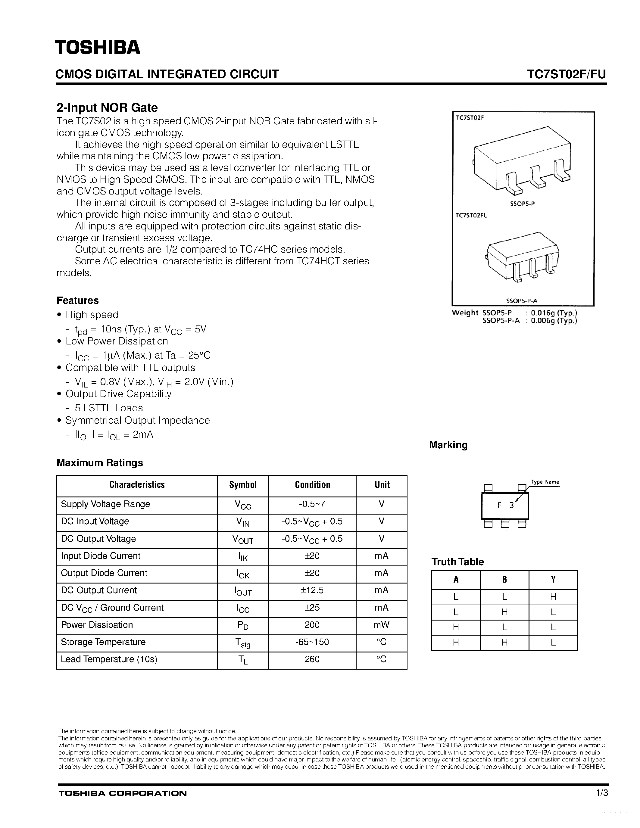 Datasheet TC7ST02F - 2-input NOR GATE page 1