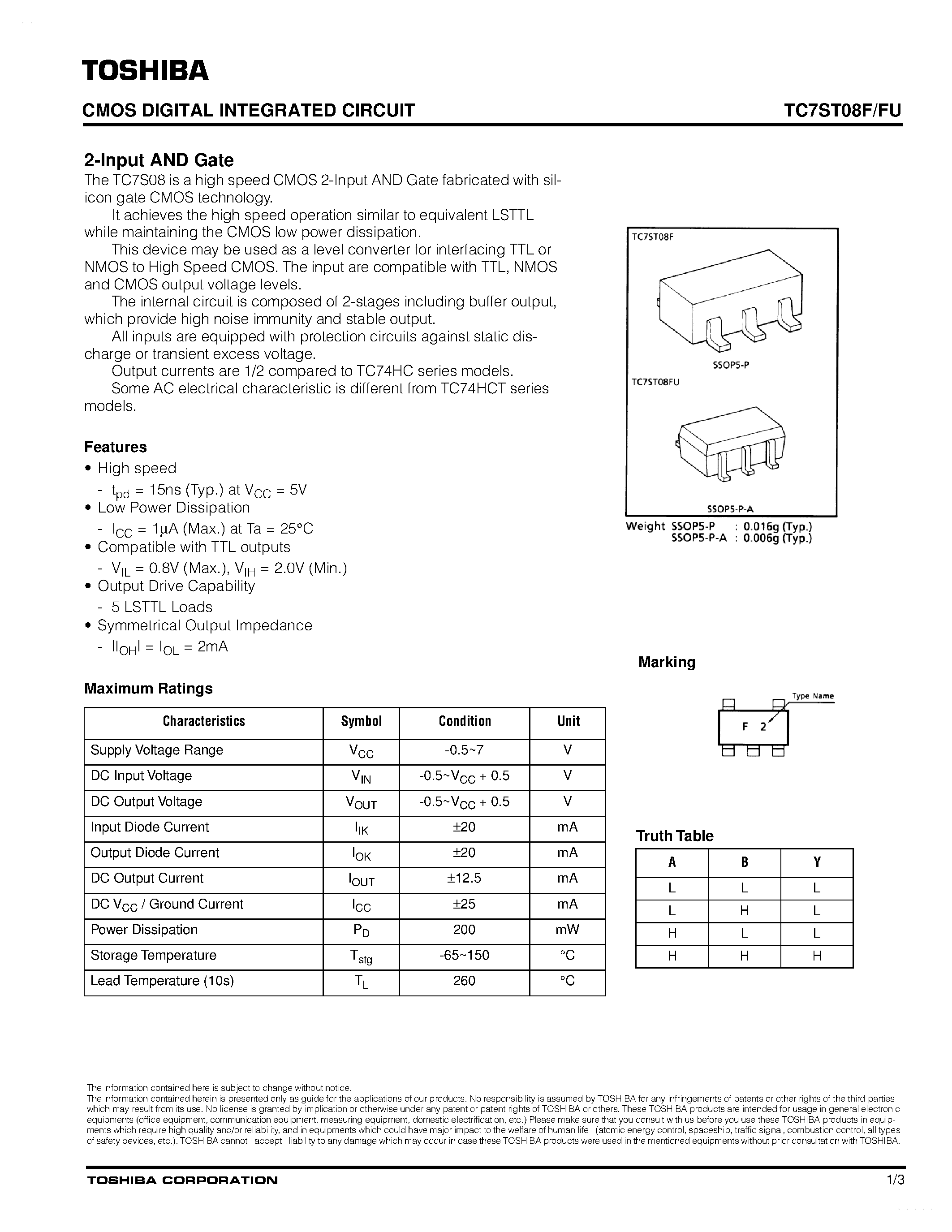 Datasheet TC7ST08F - 2-input And Gate page 1