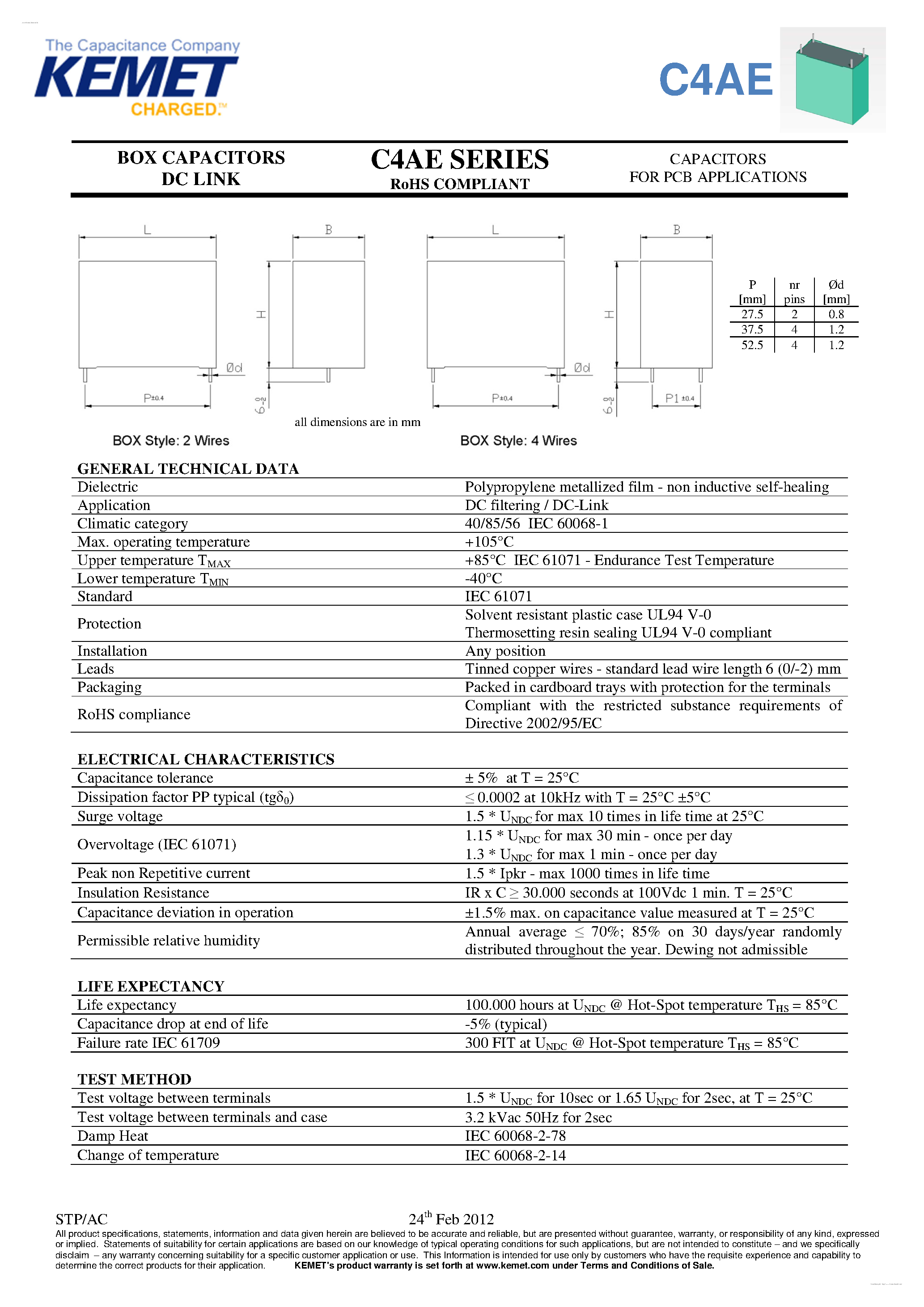 Datasheet C4AE - Capacitor Plastic Film page 1