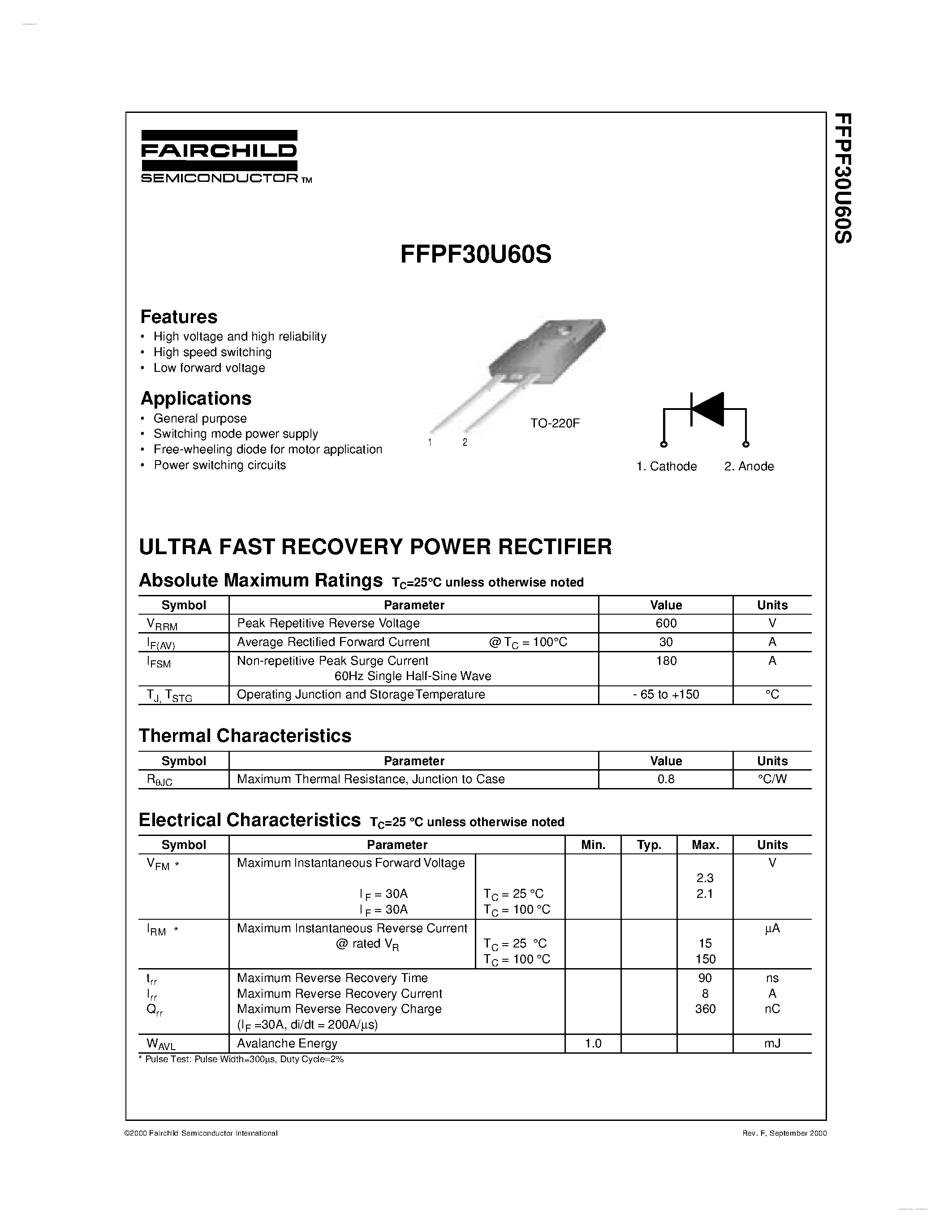 Datasheet F30U60S page 1 Datasheet F30U60S - Search -----> FFPF30U60S page 1