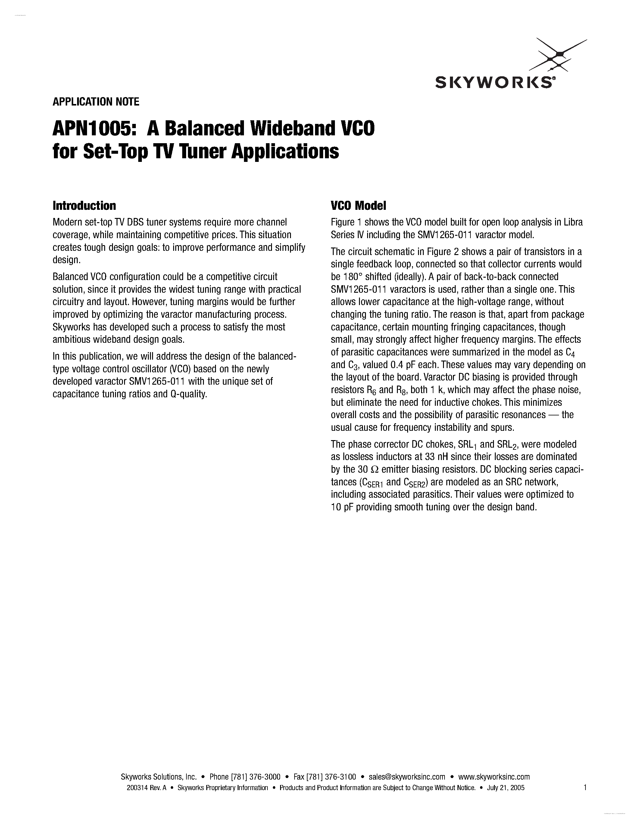 Datasheet APN1005 - A Balanced Wideband VCO page 1