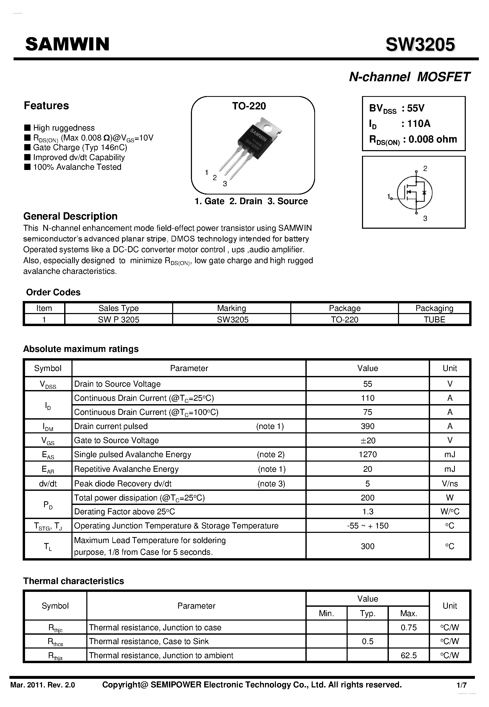 Datasheet SW3205 - N-channel MOSFET page 1