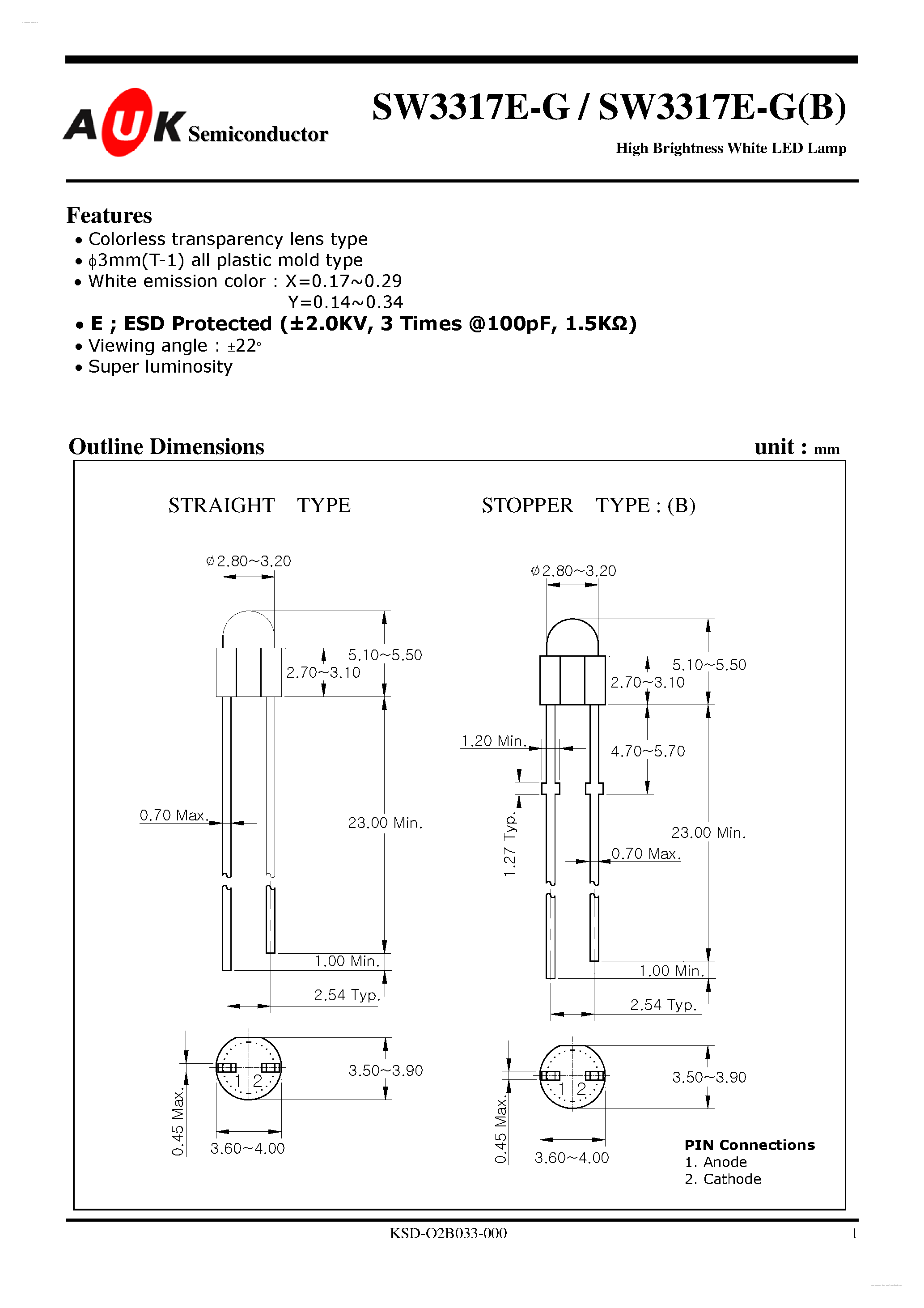 Даташит на микросхему SW3317E-G страница 1 Даташит SW3317E-G - High Brightness White LED Lamp страница 1