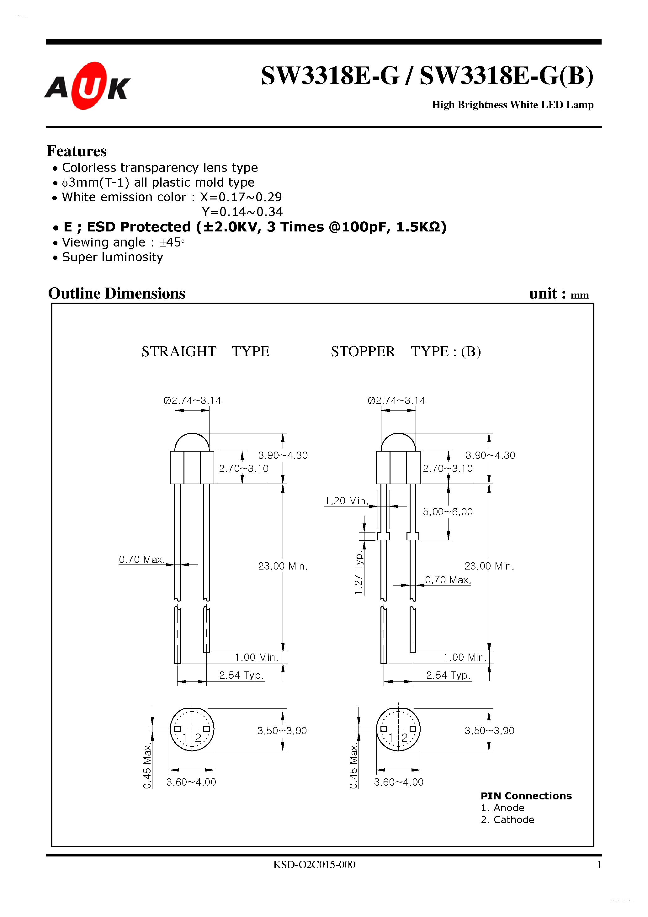 Даташит на микросхему SW3318E-G страница 1 Даташит SW3318E-G - High Brightness White LED Lamp страница 1