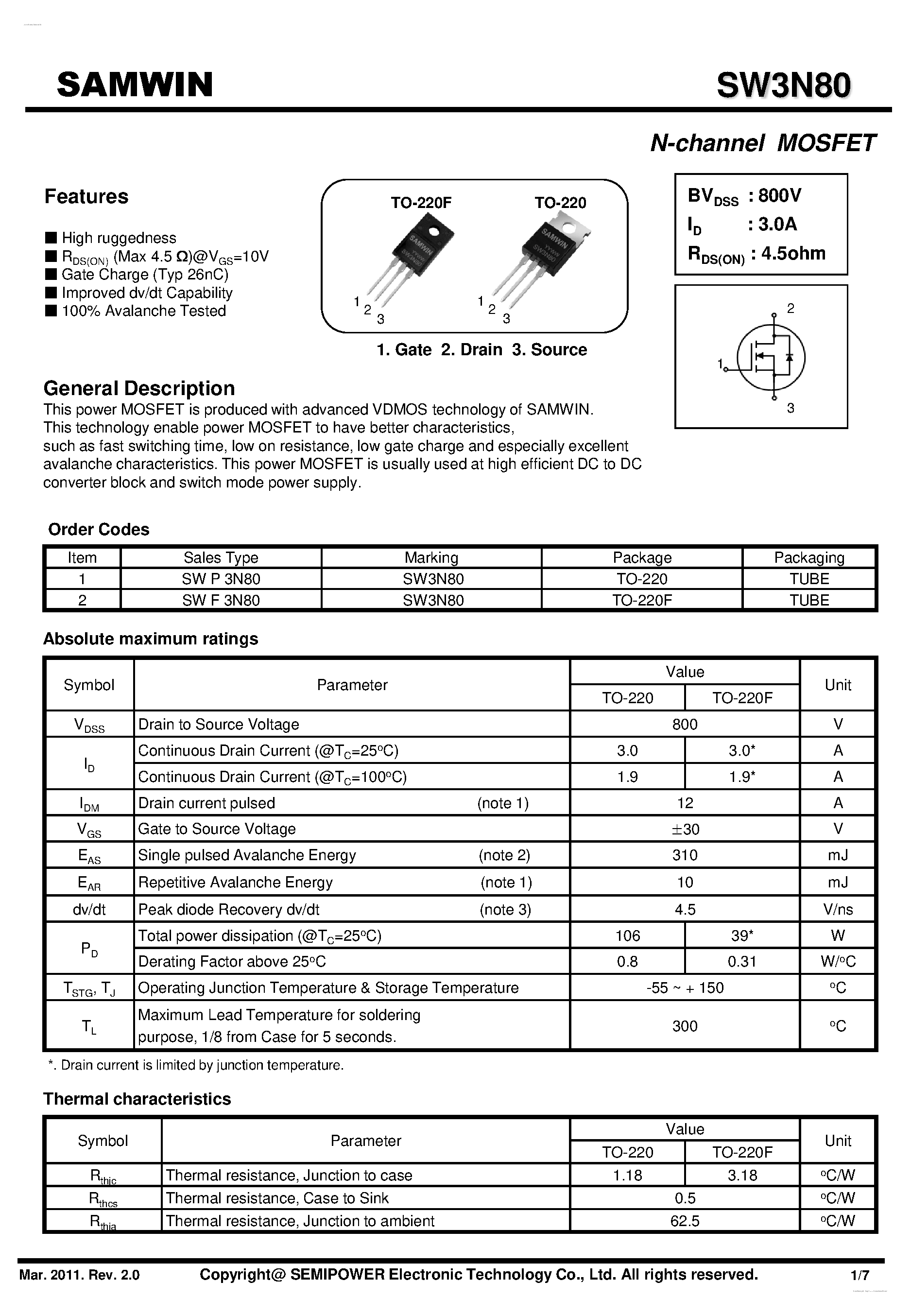 Datasheet SW3N80 - N-channel MOSFET page 1