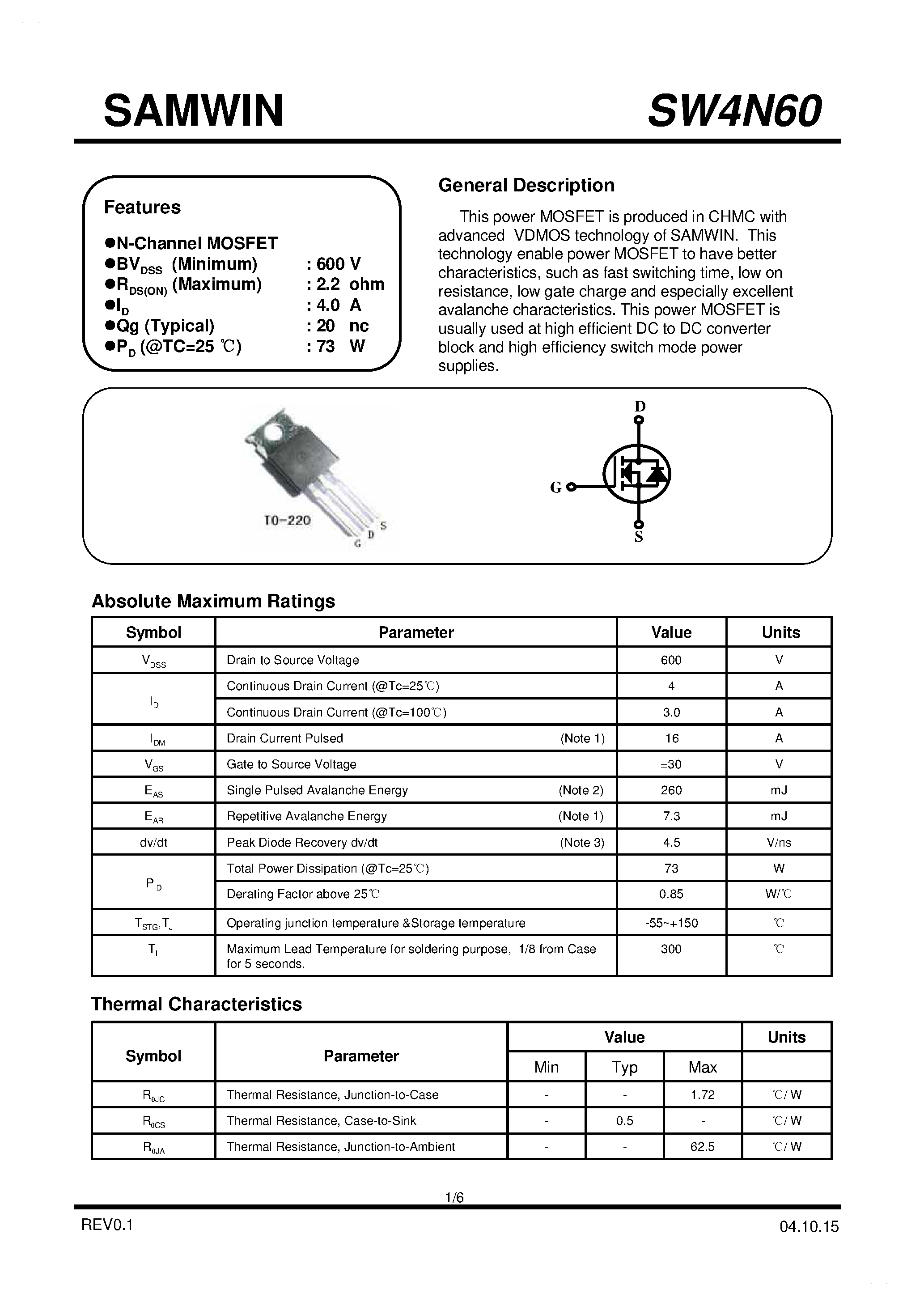 Datasheet SW4N60 page 1 Datasheet SW4N60 - N-Channel MOSFET page 1