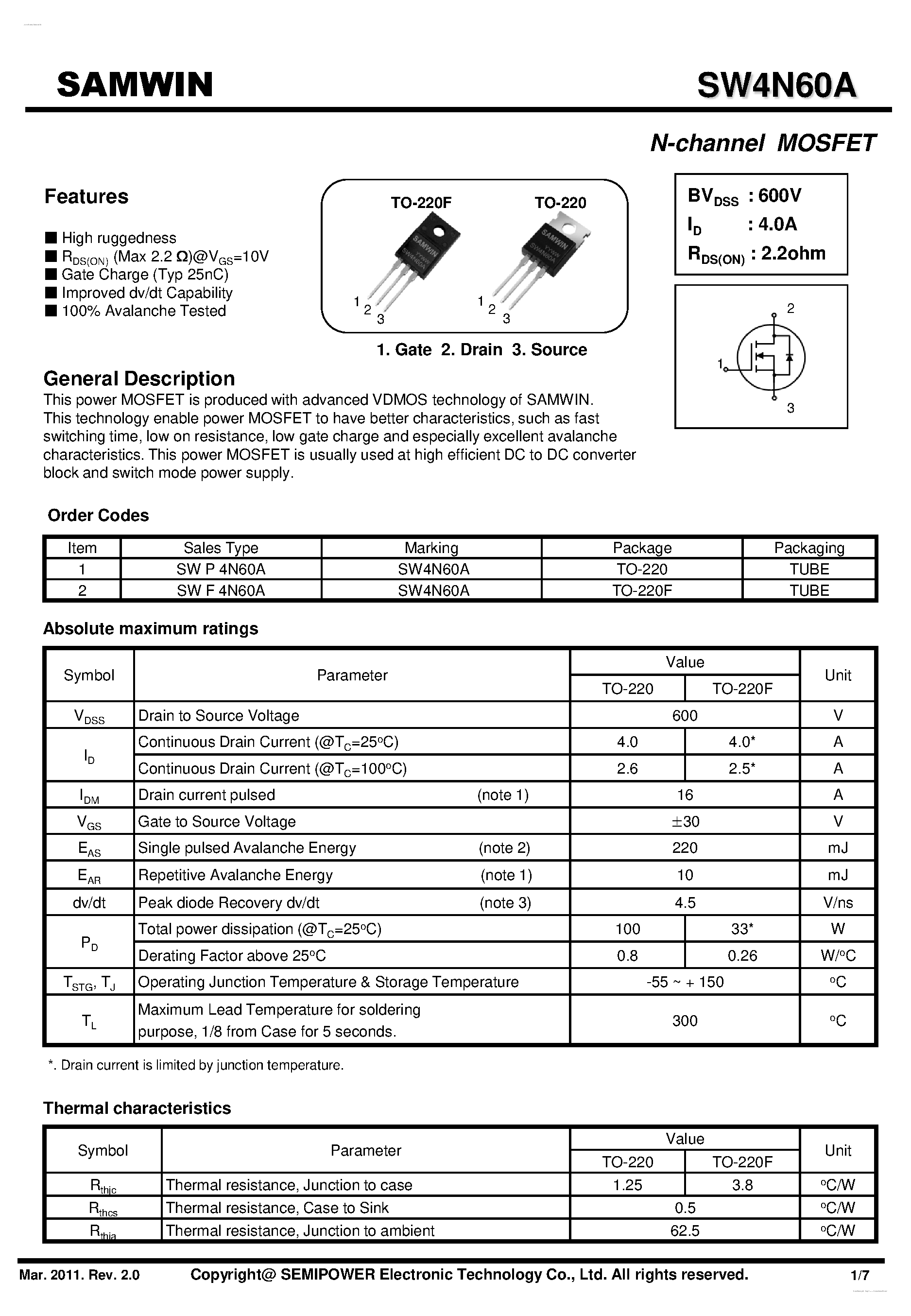 Datasheet SW4N60A page 1 Datasheet SW4N60A - N-Channel MOSFET page 1