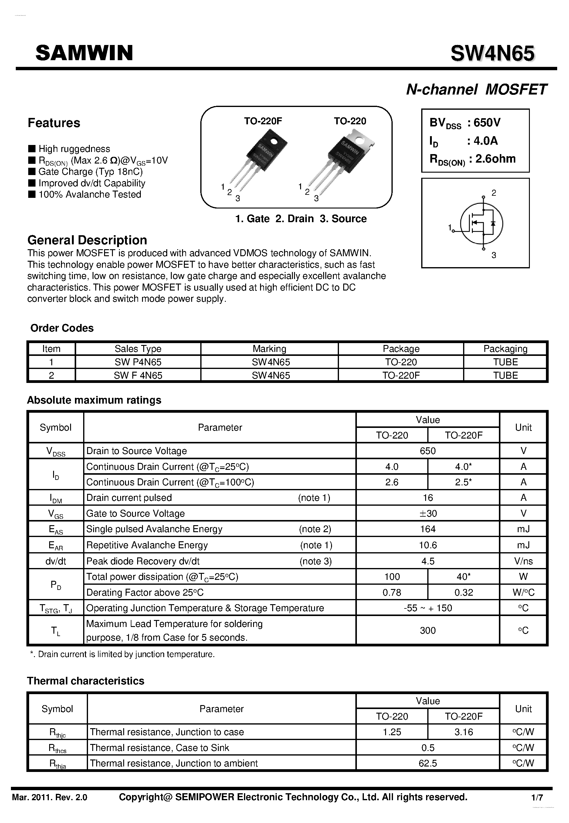 Datasheet SW4N65 page 1 Datasheet SW4N65 - N-Channel MOSFET page 1