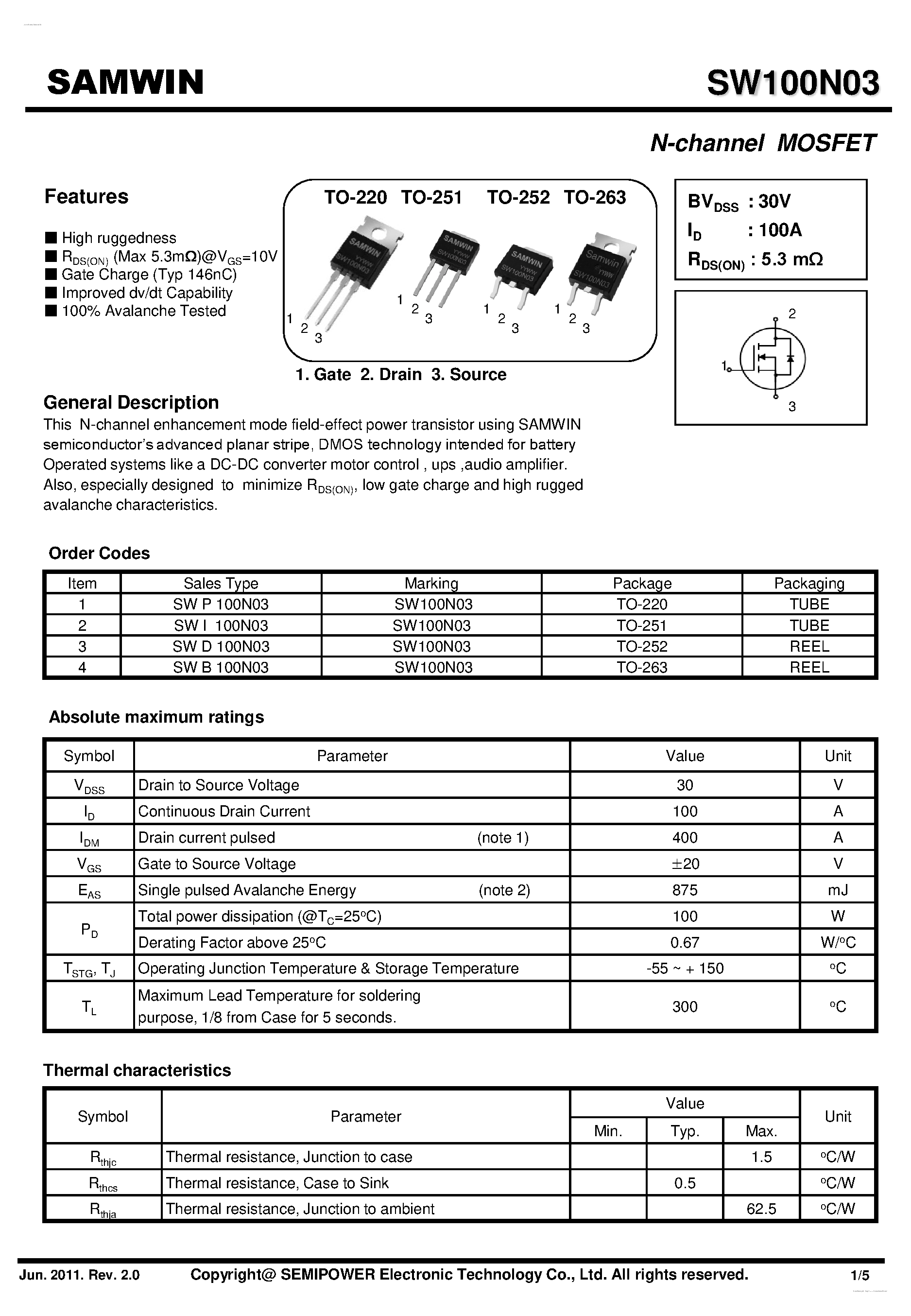 Datasheet SWD100N03 page 1 Datasheet SWD100N03 - N-Channel MOSFET page 1