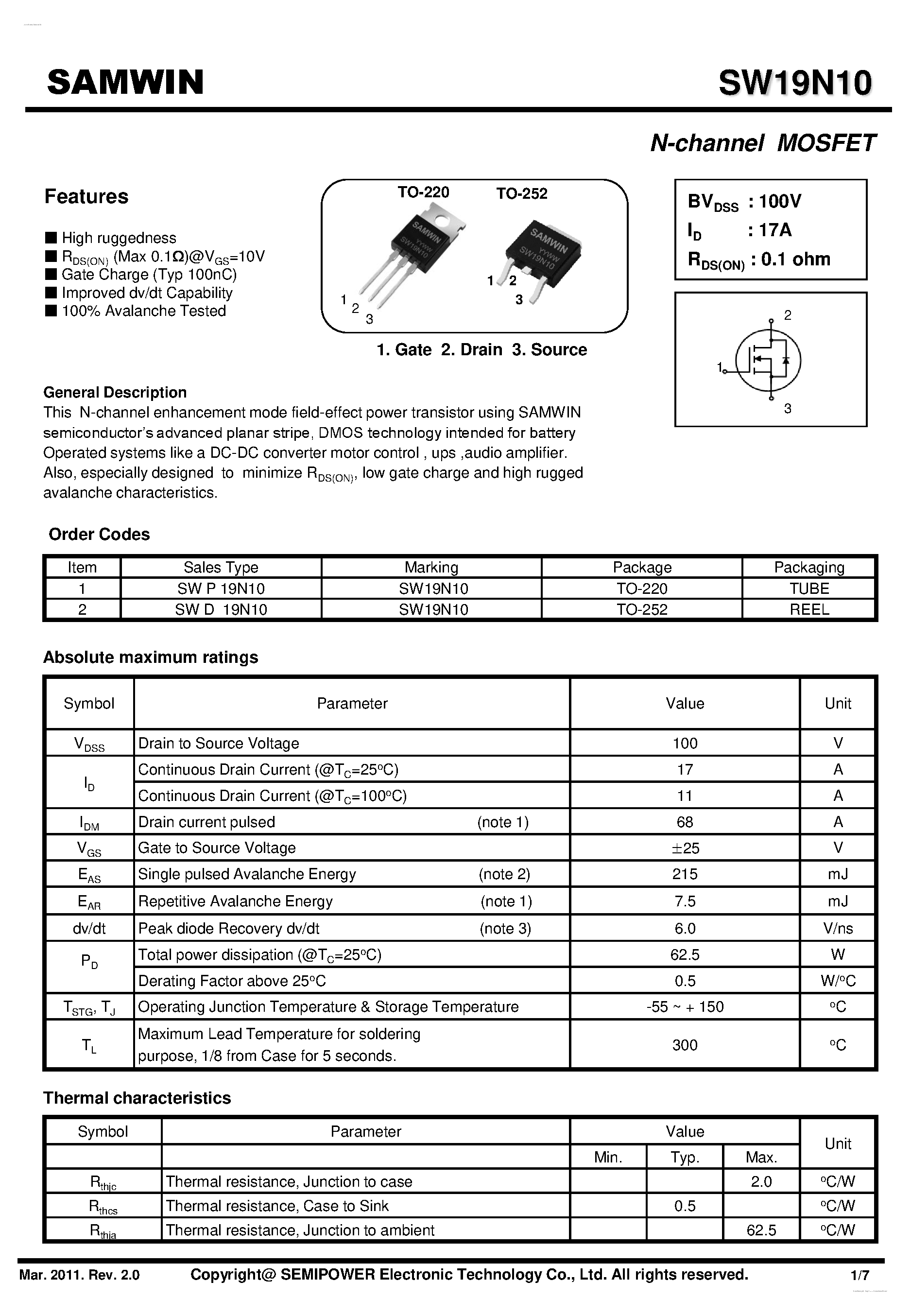 Datasheet SWD19N10 page 1 Datasheet SWD19N10 - N-Channel MOSFET page 1