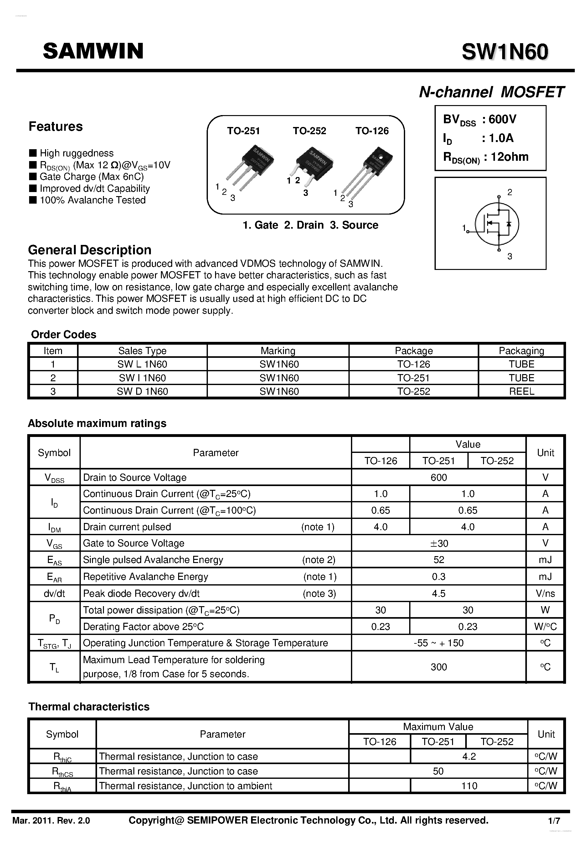 Datasheet SWD1N60 page 1 Datasheet SWD1N60 - N-Channel MOSFET page 1