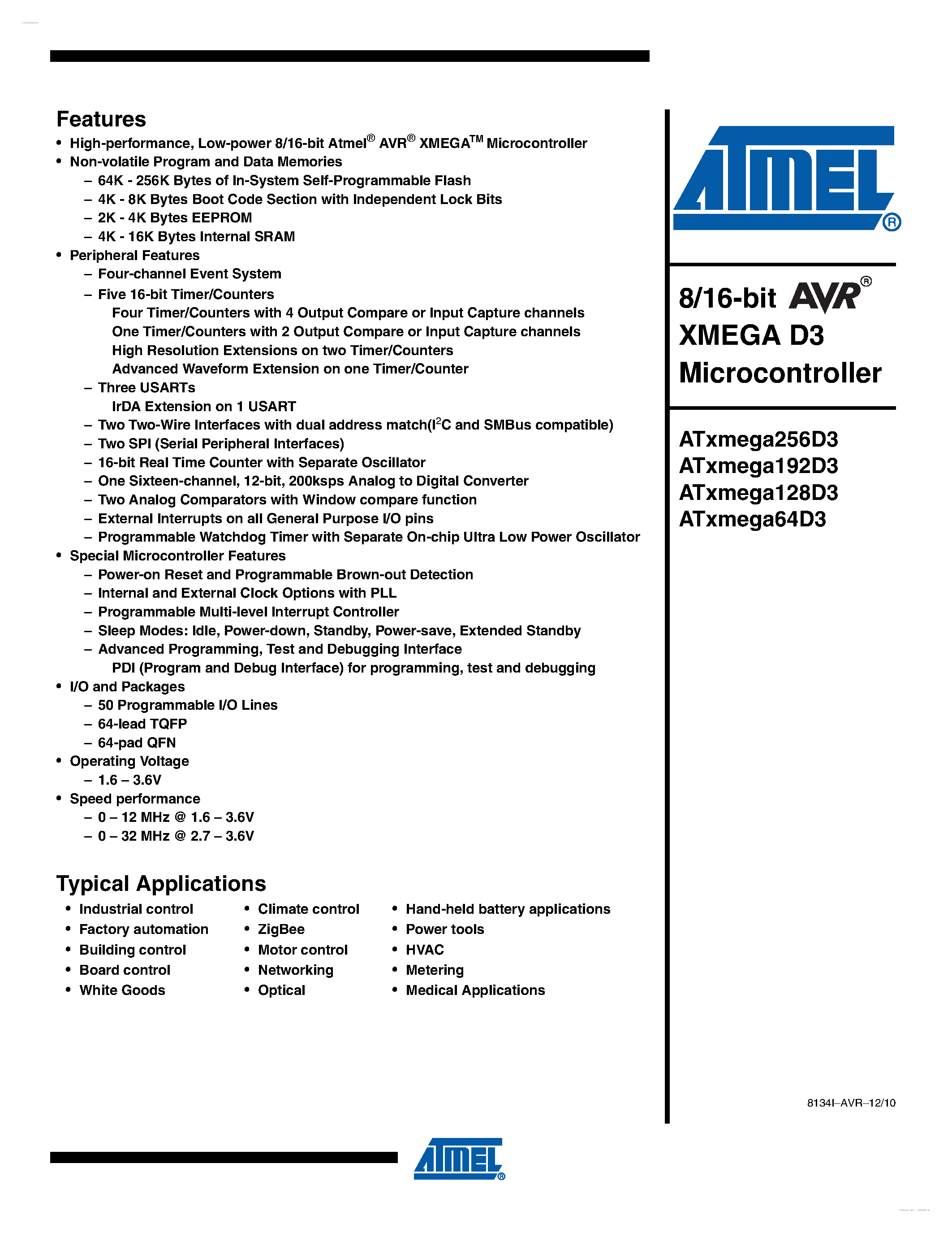 Даташит ATXMEGA128D3 - 8/16-bit XMEGA D3 Microcontroller страница 1