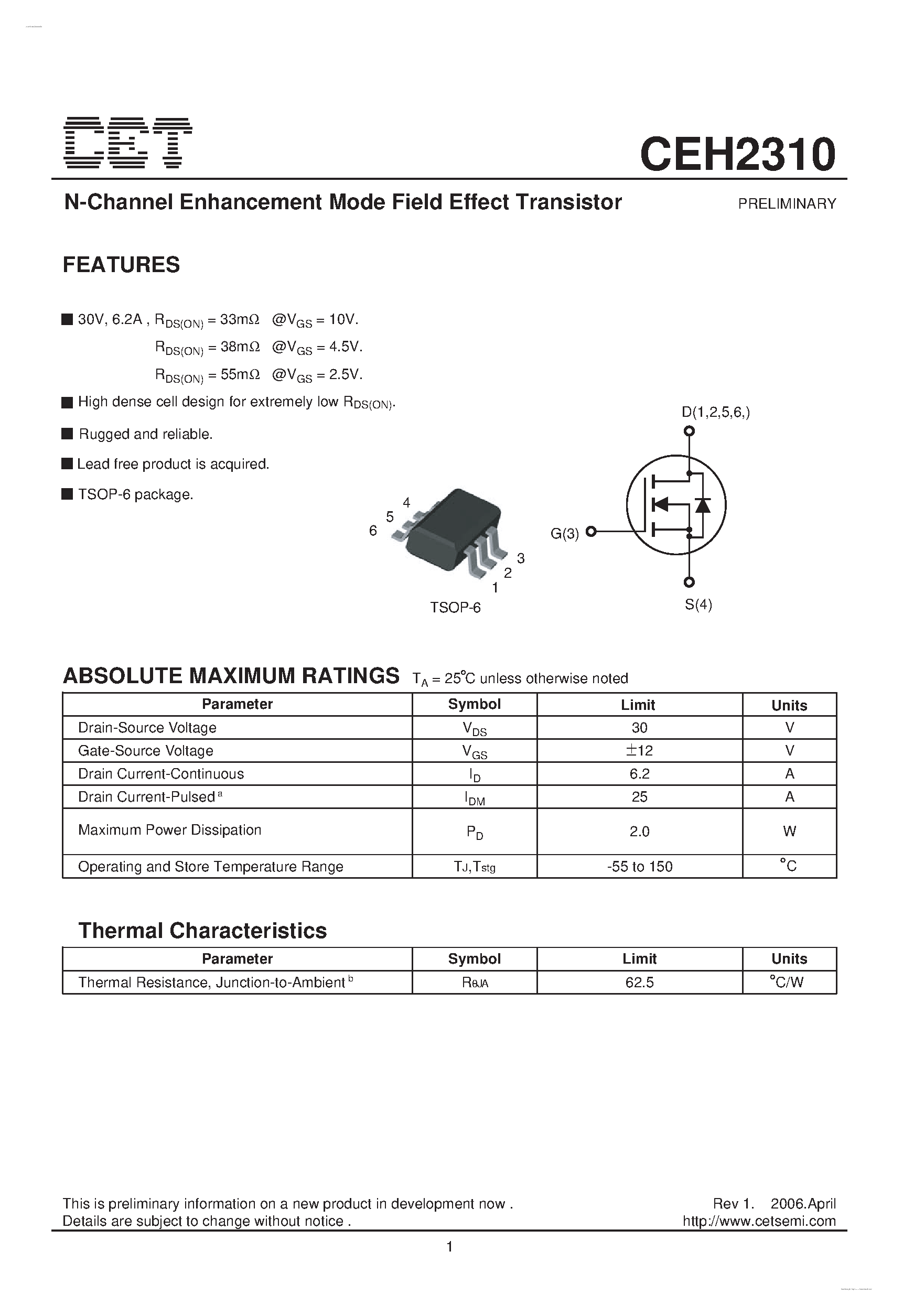 Datasheet CEH2310 - N-Channel Enhancement Mode Field Effect Transistor page 1