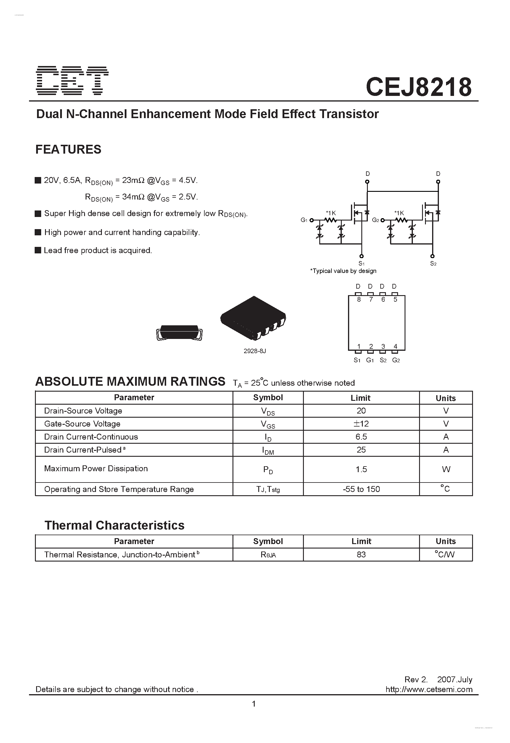 Datasheet CEJ8218 - Dual N-Channel Enhancement Mode Field Effect Transistor page 1