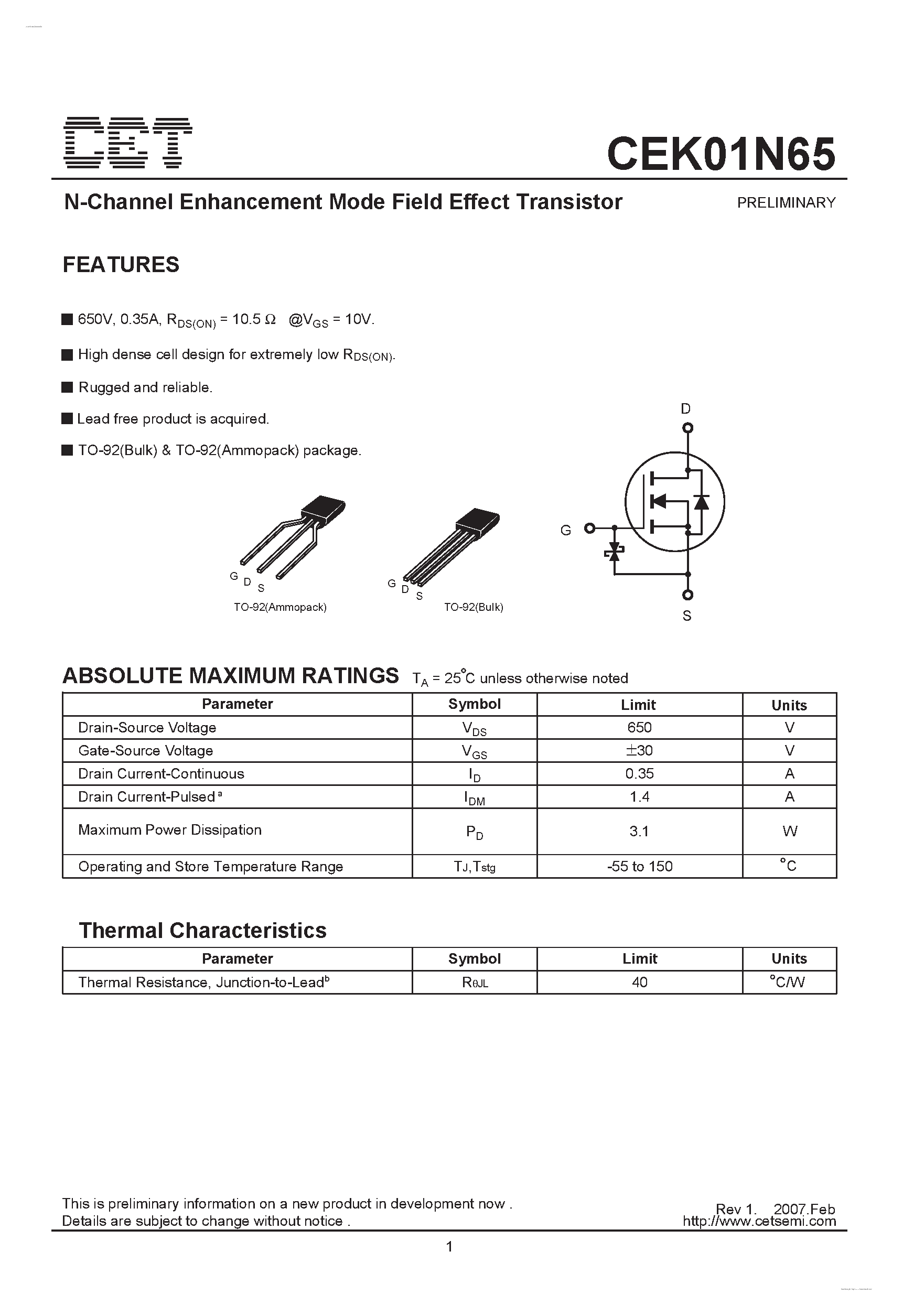 Datasheet CEK01N65 - N-Channel Enhancement Mode Field Effect Transistor page 1