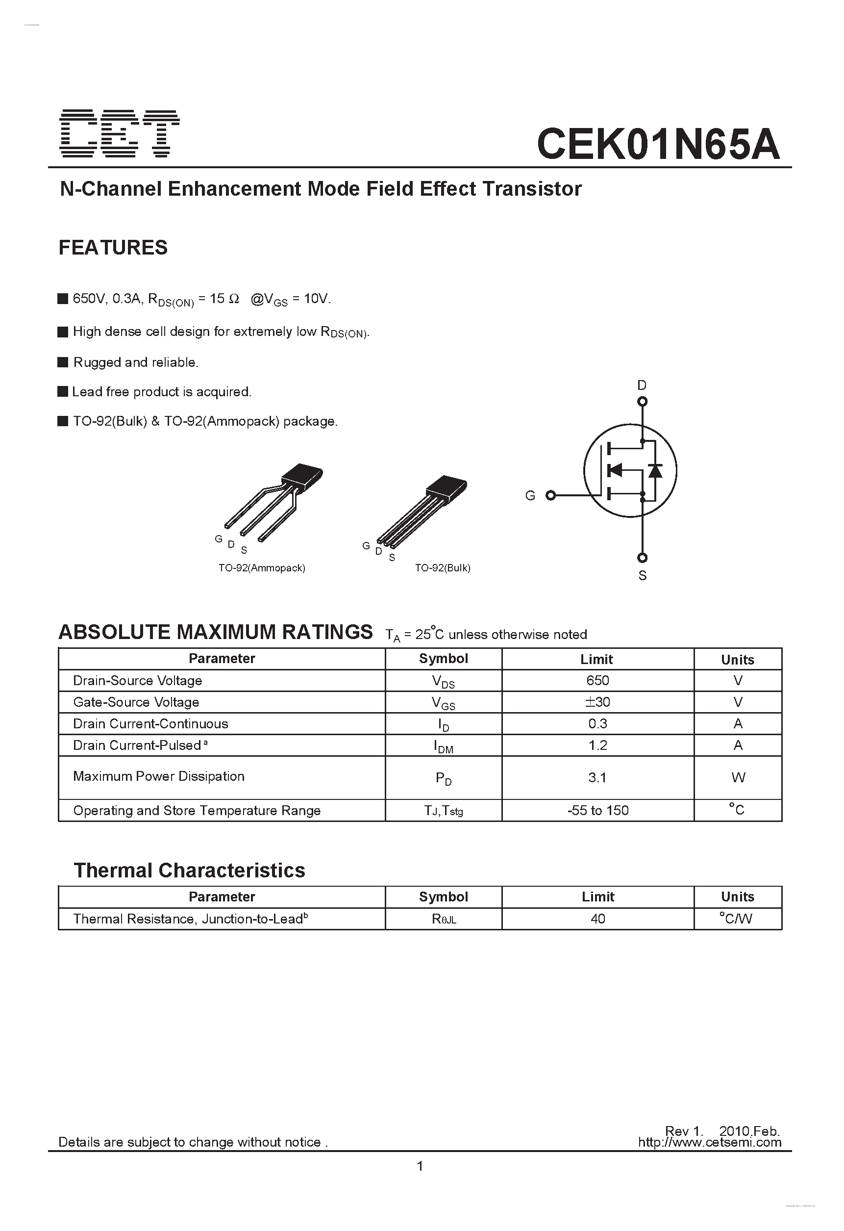 Datasheet CEK01N65A - N-Channel Enhancement Mode Field Effect Transistor page 1