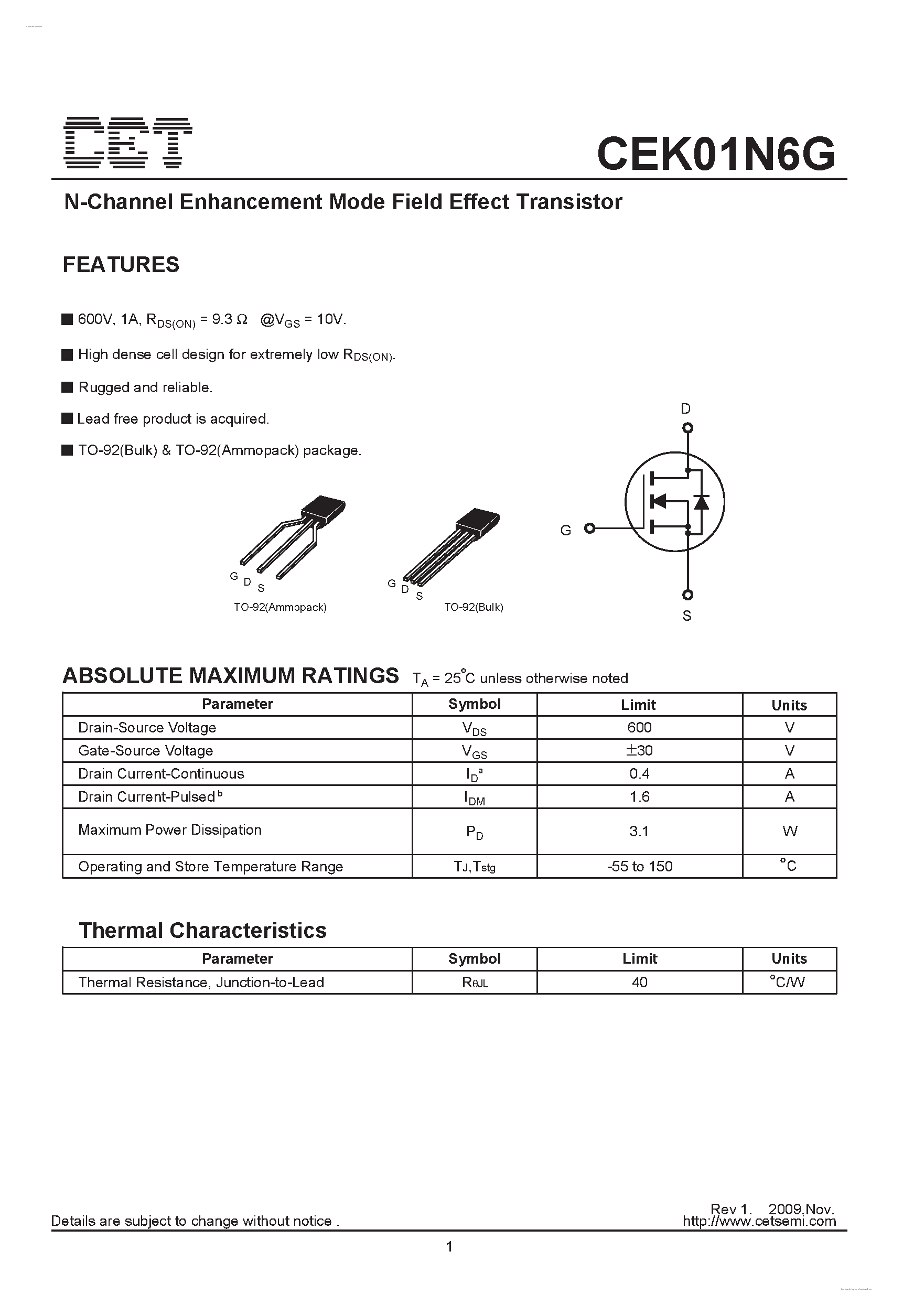 Datasheet CEK01N6G - N-Channel Enhancement Mode Field Effect Transistor page 1