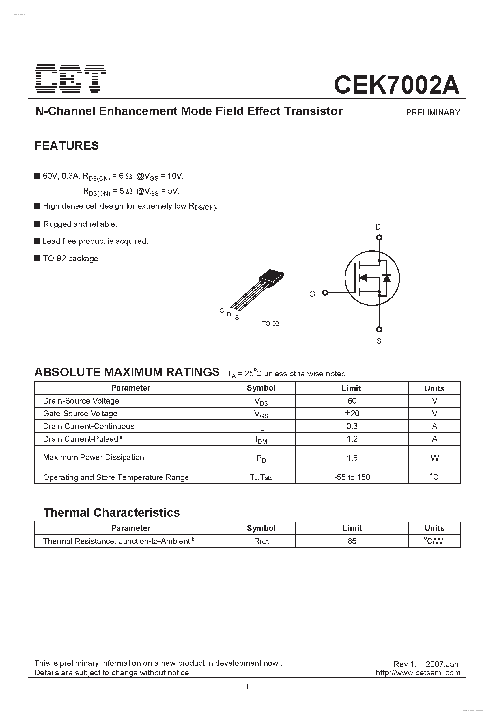 Datasheet CEK7002A - N-Channel Enhancement Mode Field Effect Transistor page 1