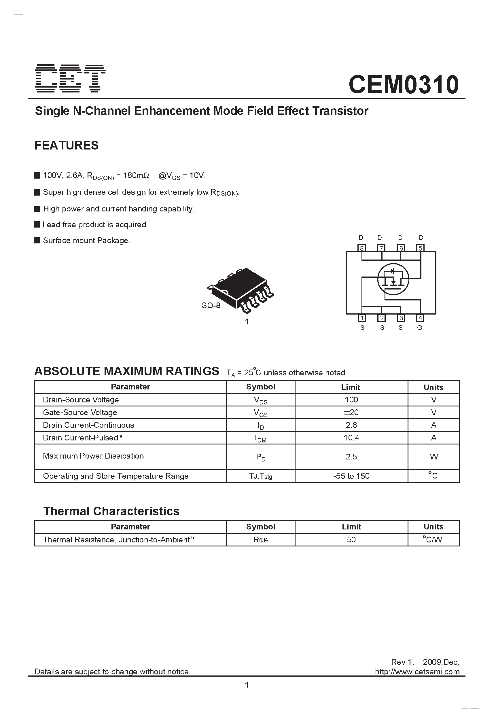 Datasheet CEM0310 - Single N-Channel Enhancement Mode Field Effect Transistor page 1