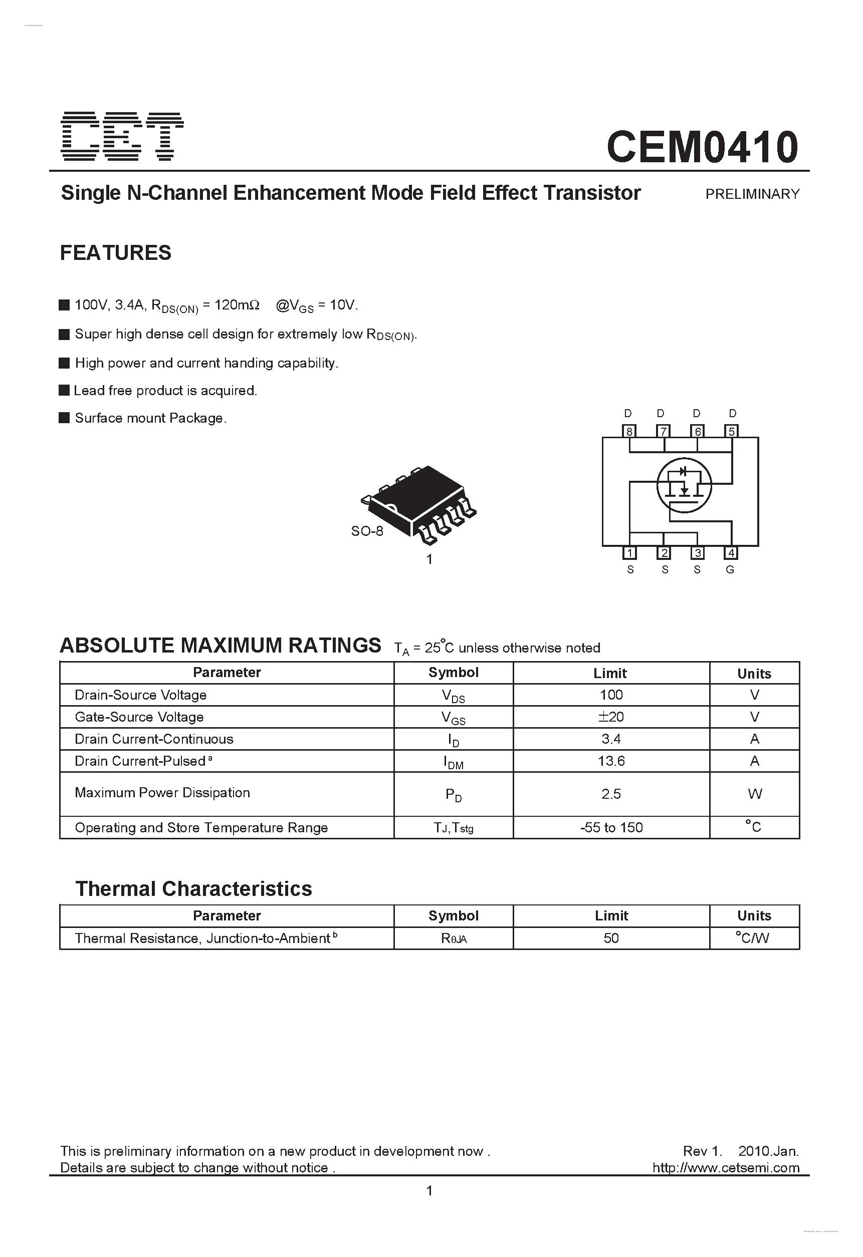 Datasheet CEM0410 - Single N-Channel Enhancement Mode Field Effect Transistor page 1