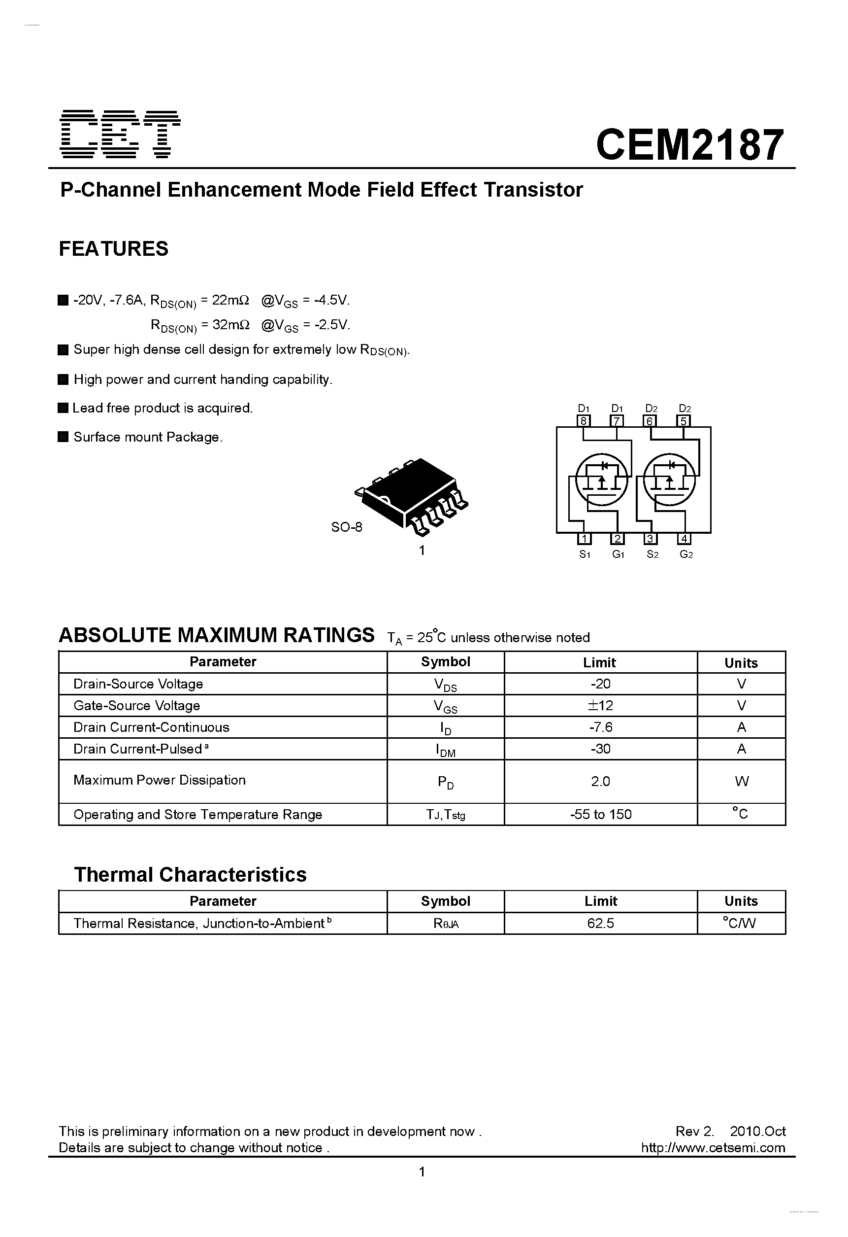 Datasheet CEM2187 - P-Channel Enhancement Mode Field Effect Transistor page 1
