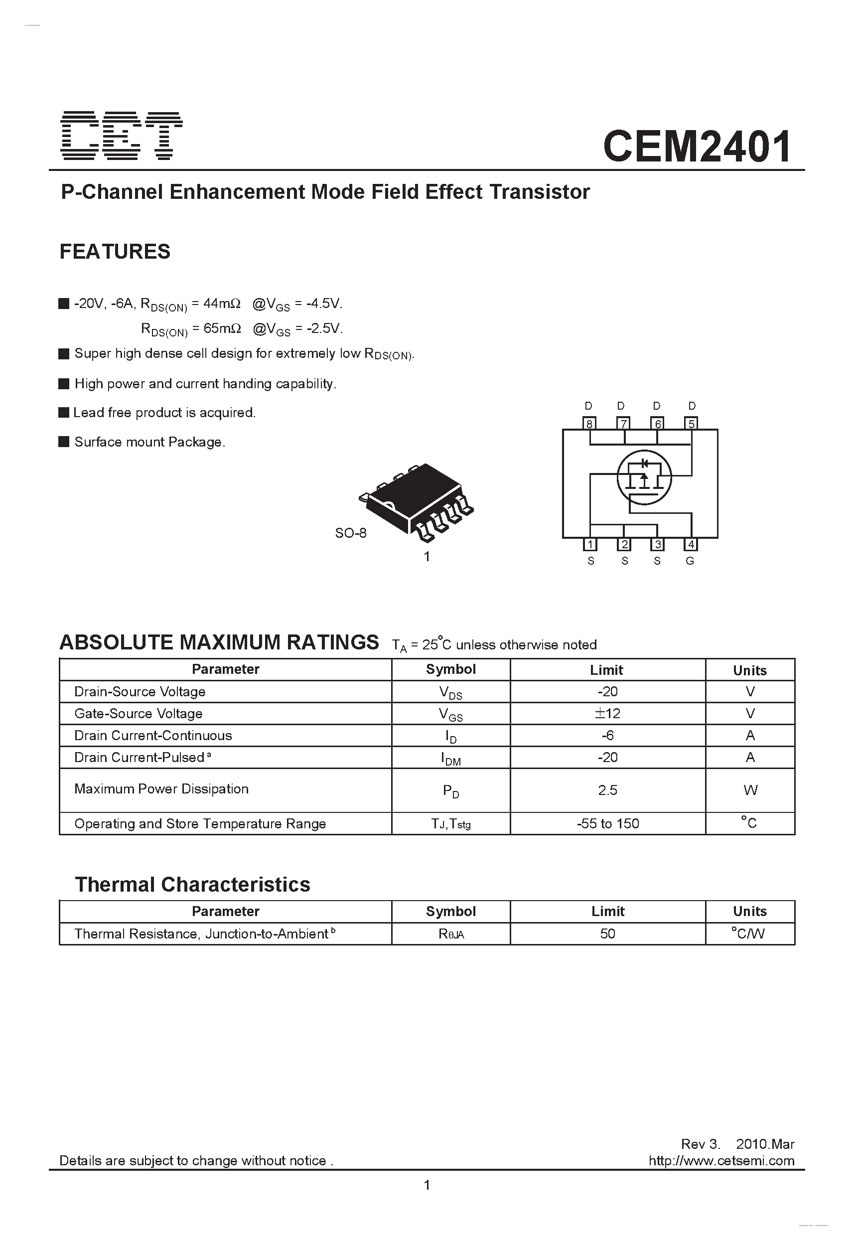 Datasheet CEM2401 - P-Channel Enhancement Mode Field Effect Transistor page 1