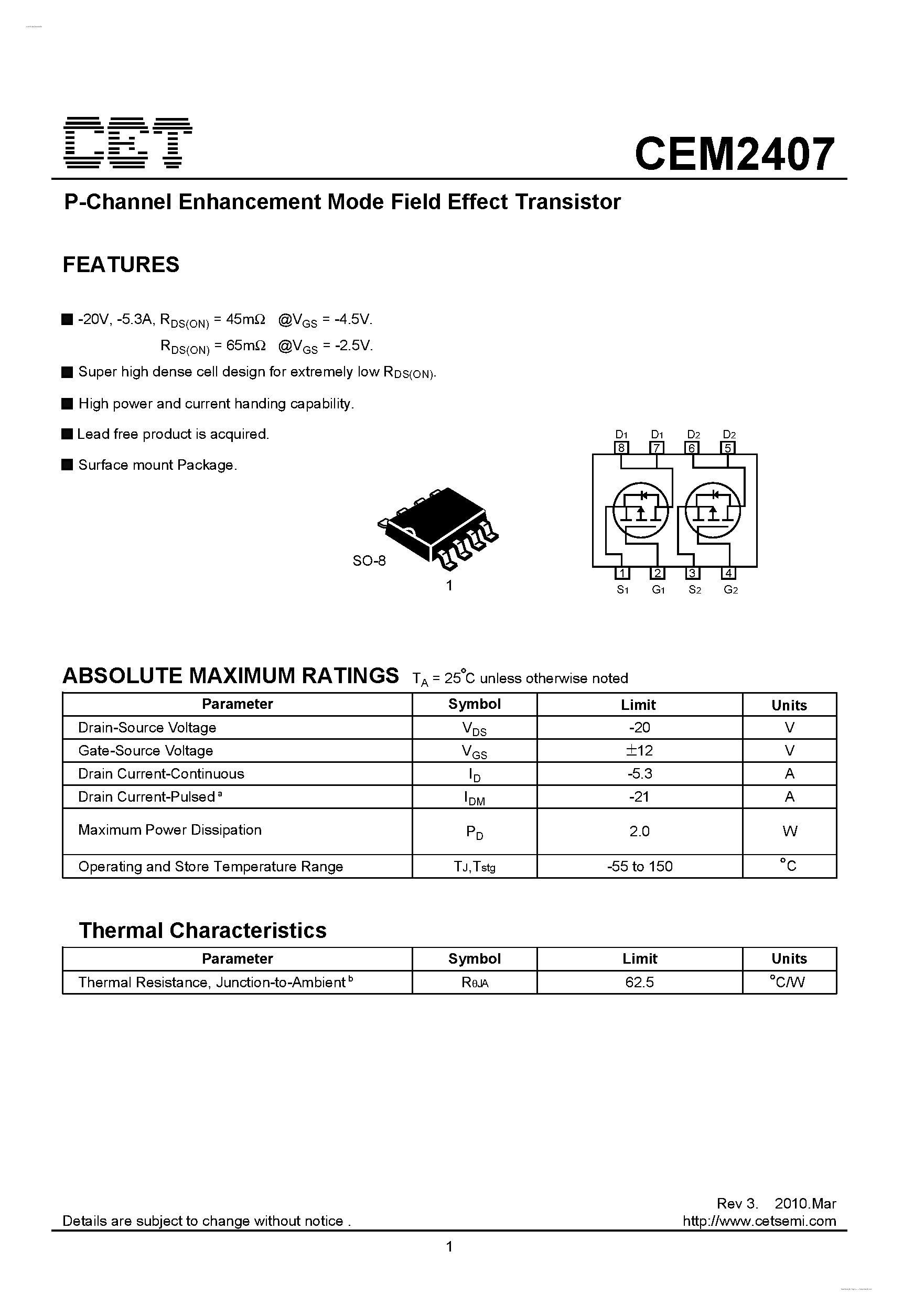 Datasheet CEM2407 - P-Channel Enhancement Mode Field Effect Transistor page 1