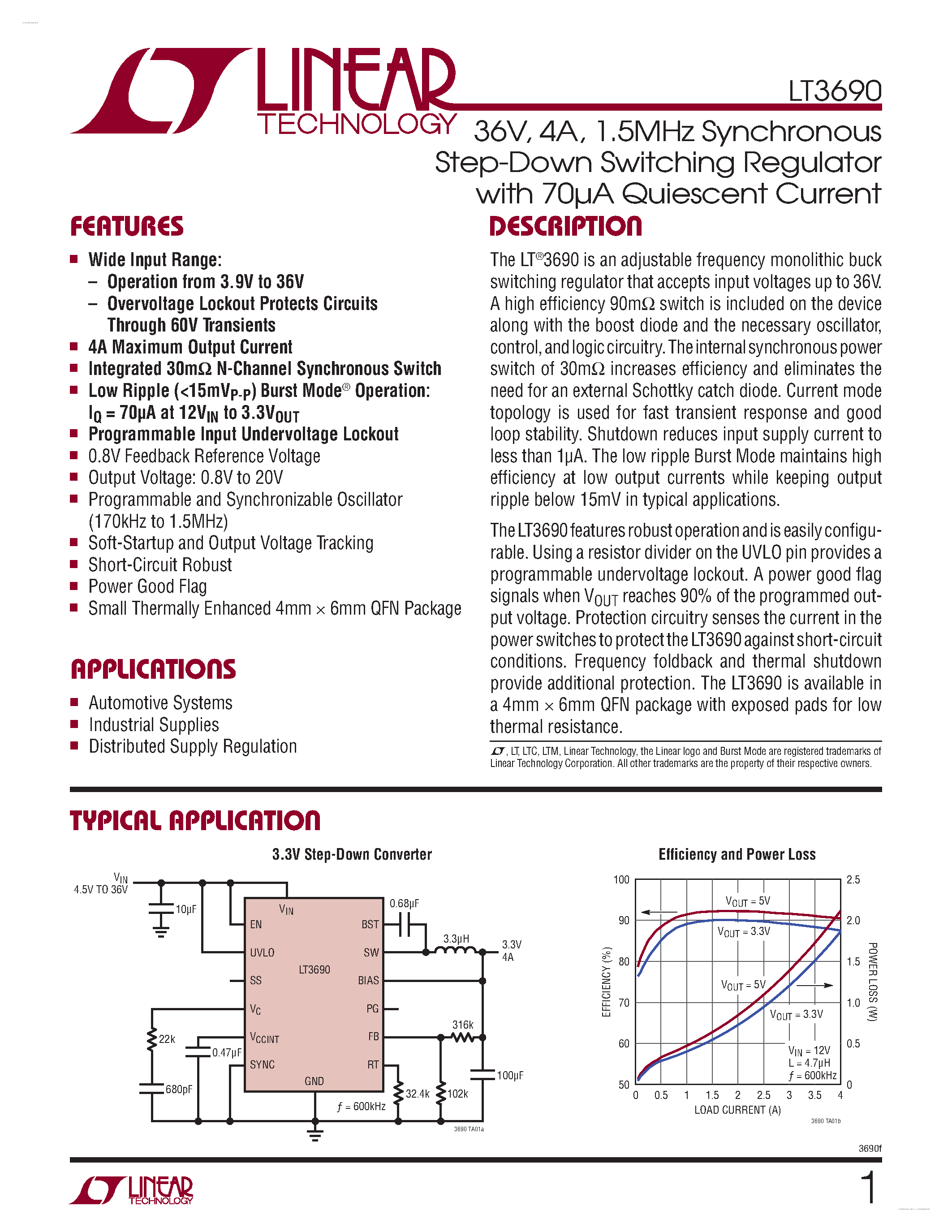 Datasheet LT3690 page 1 Datasheet LT3690 - 1.5MHz Synchronous Step-Down Switching Regulator page 1