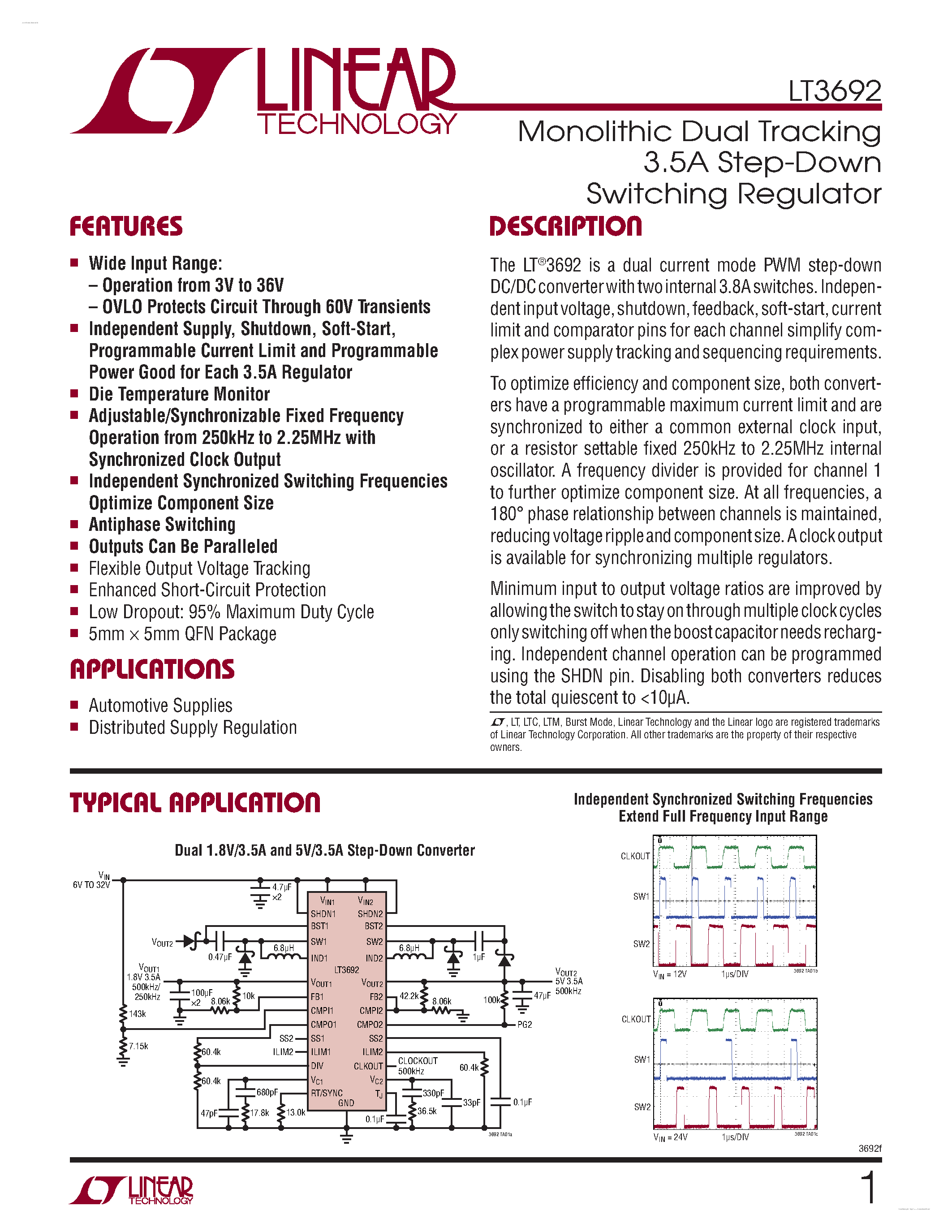 Datasheet LT3692 - Monolithic Dual Tracking 3.5A Step-Down Switching Regulator page 1