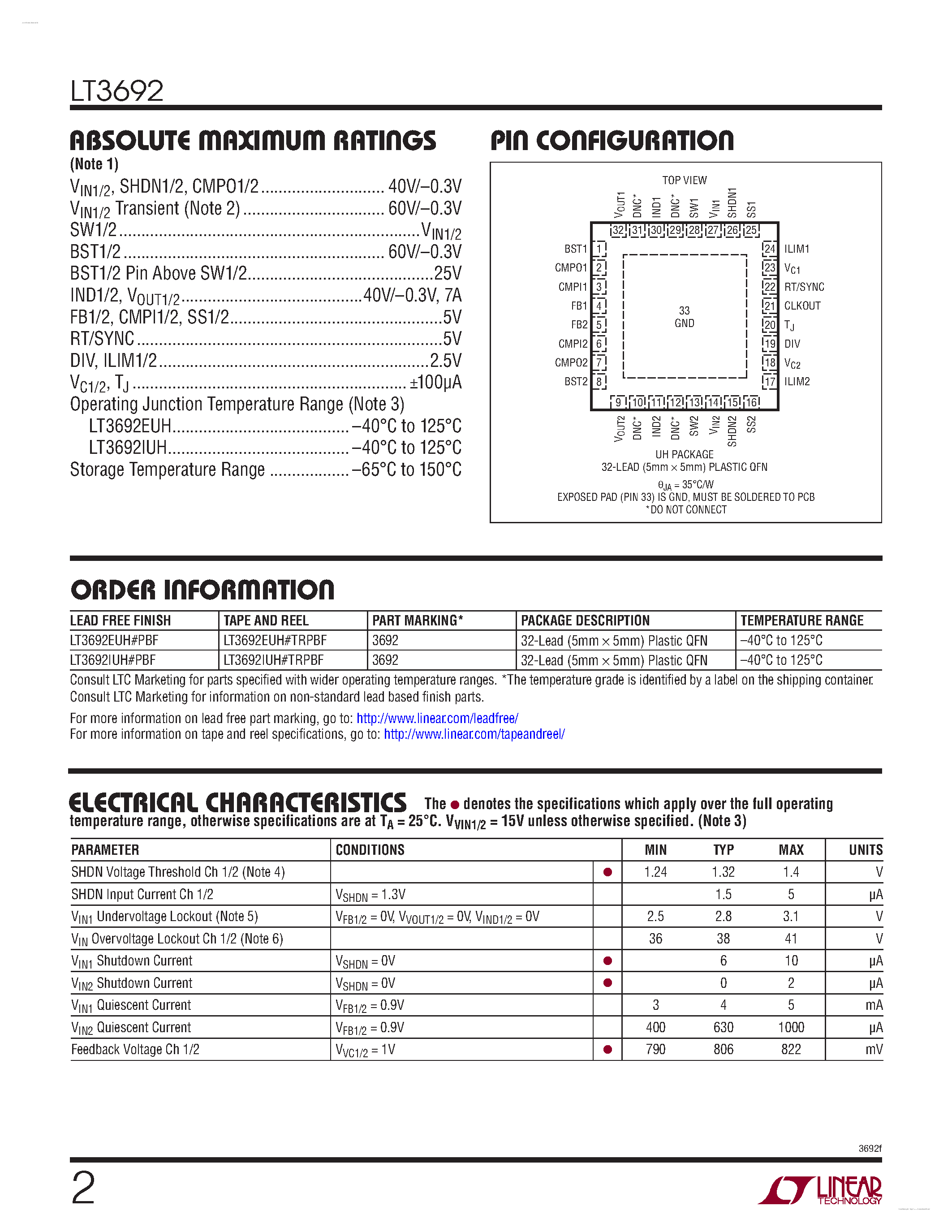Datasheet LT3692 - Monolithic Dual Tracking 3.5A Step-Down Switching Regulator page 2