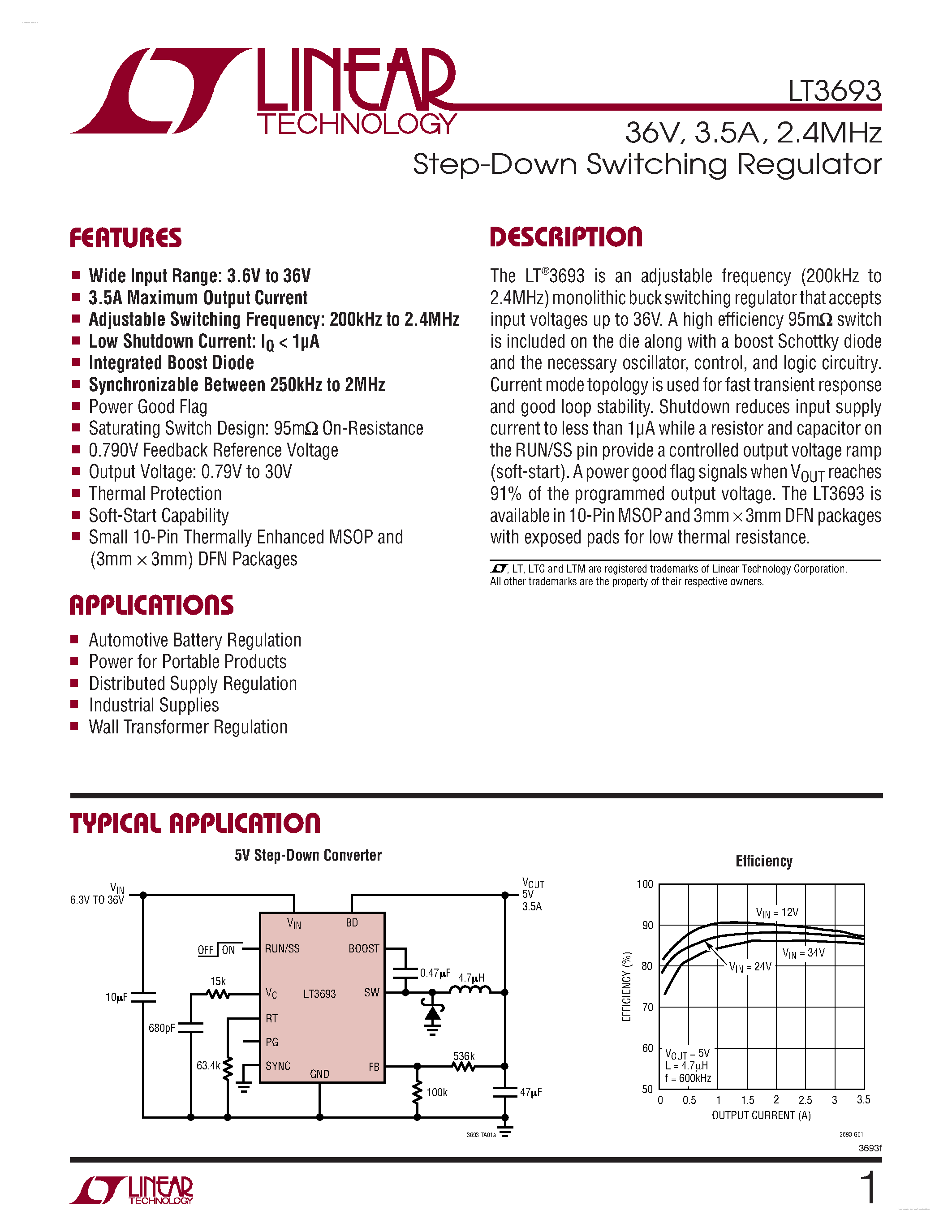 Datasheet LT3693 - 2.4MHz Step-Down Switching Regulator page 1