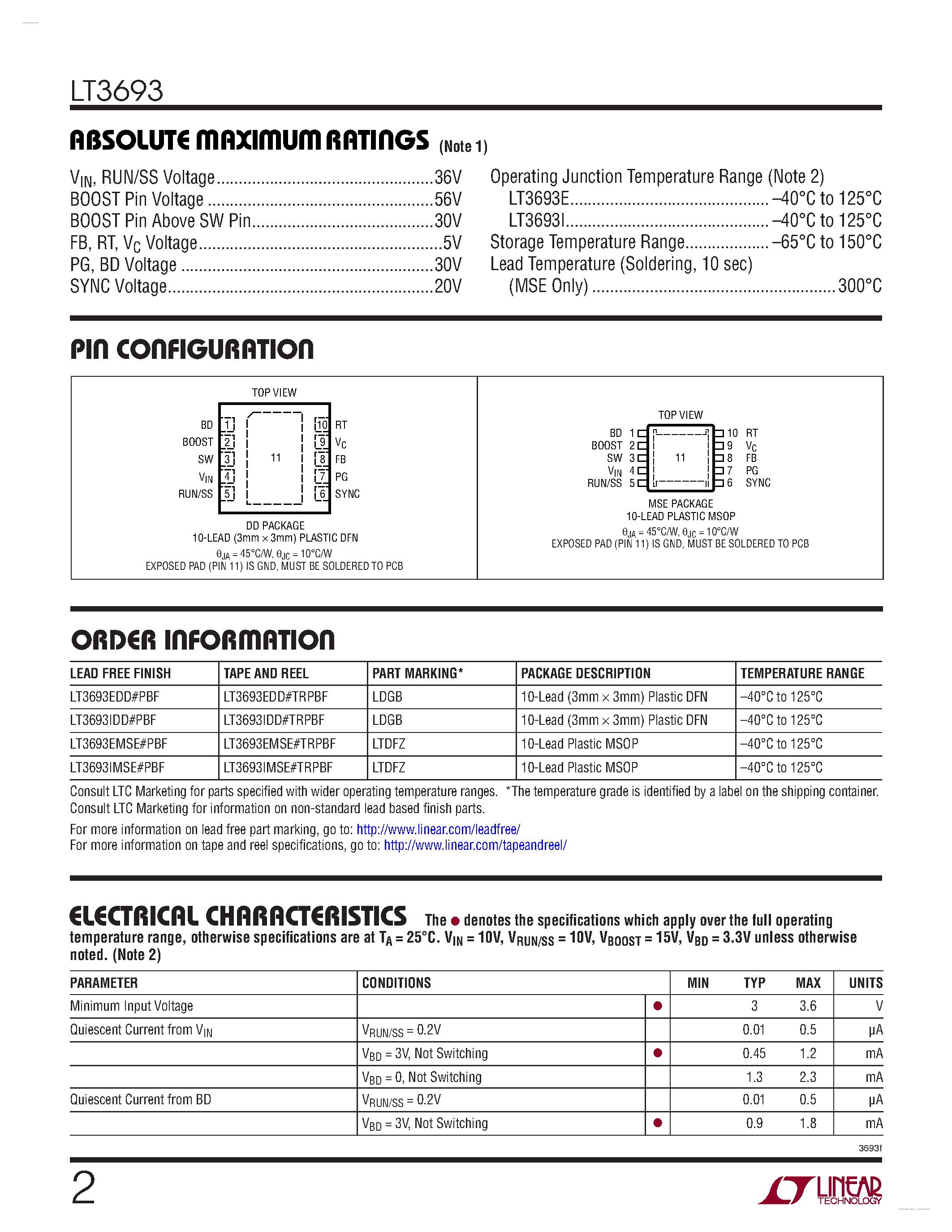 Datasheet LT3693 - 2.4MHz Step-Down Switching Regulator page 2