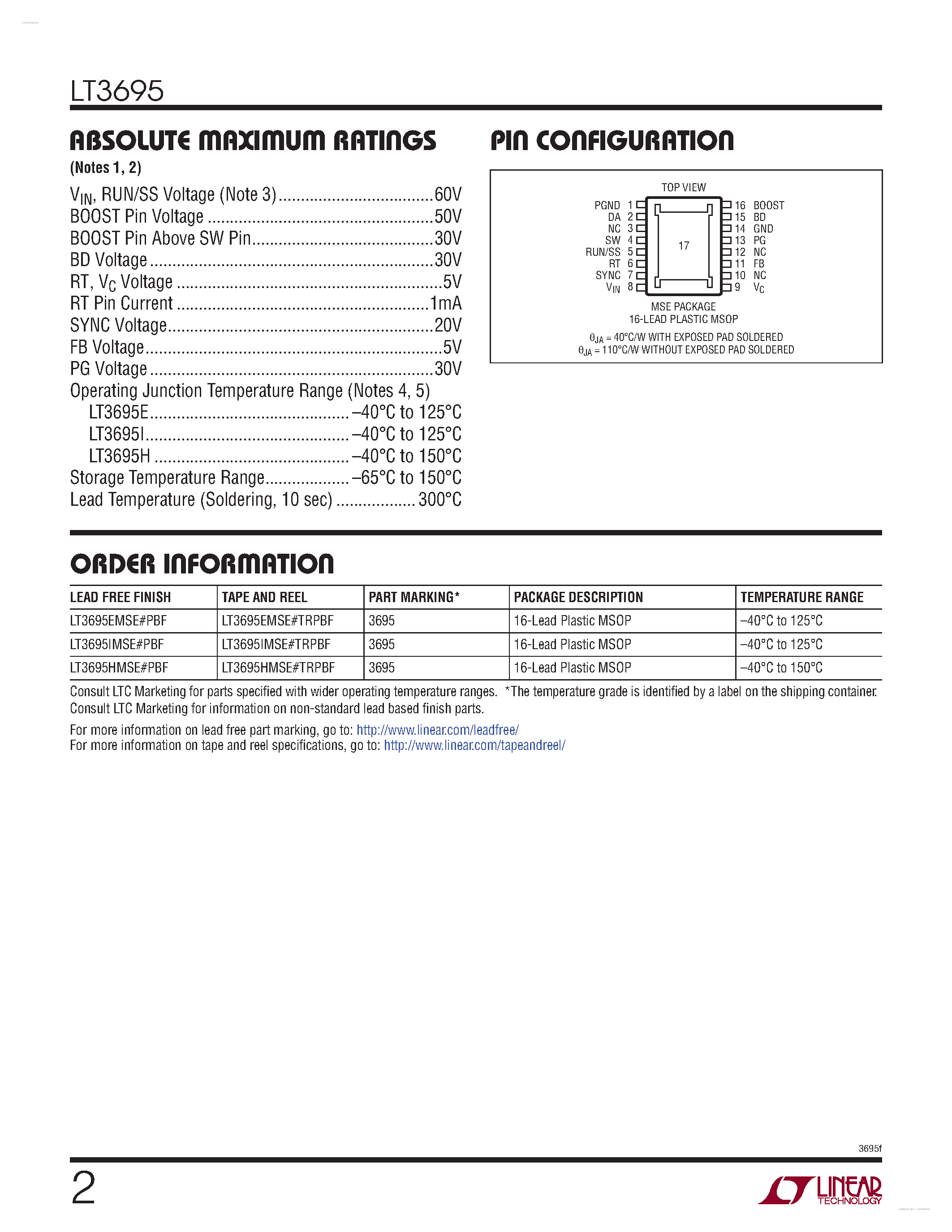 Datasheet LT3695 - 1A Fault Tolerant Micropower Step-Down Regulator page 2