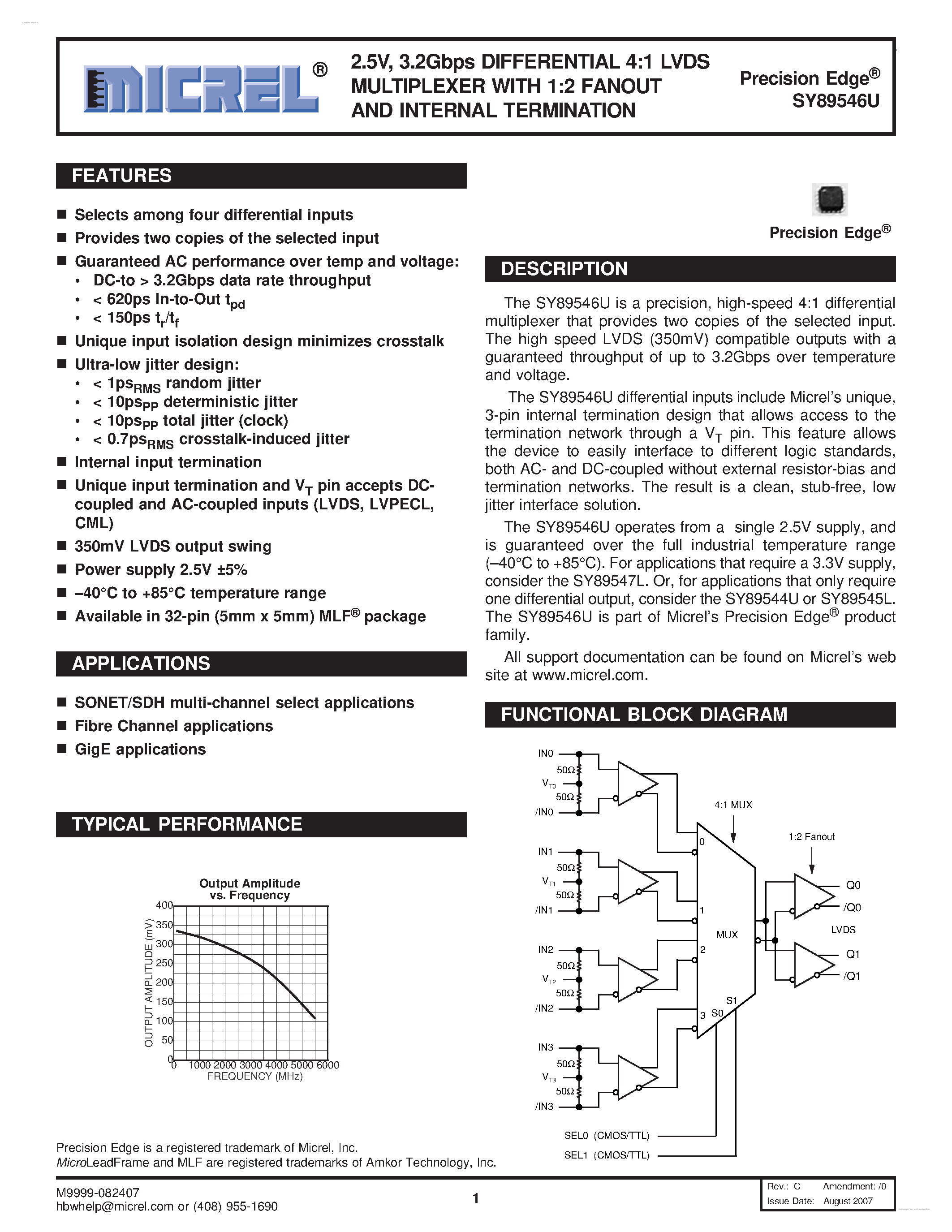 Даташит SY89546U - 3.2Gbps DIFFERENTIAL 4:1 LVDS MULTIPLEXER страница 1