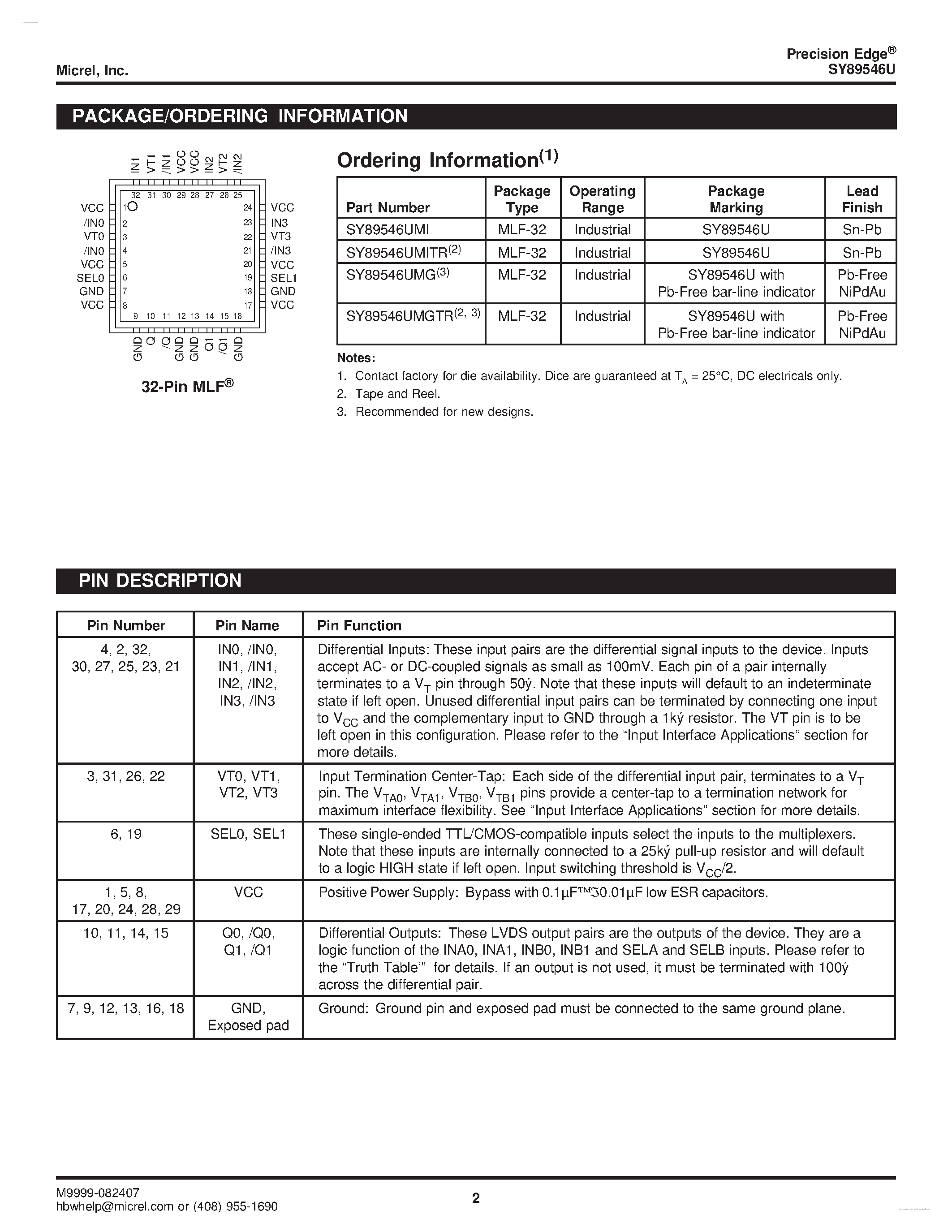 Даташит SY89546U - 3.2Gbps DIFFERENTIAL 4:1 LVDS MULTIPLEXER страница 2