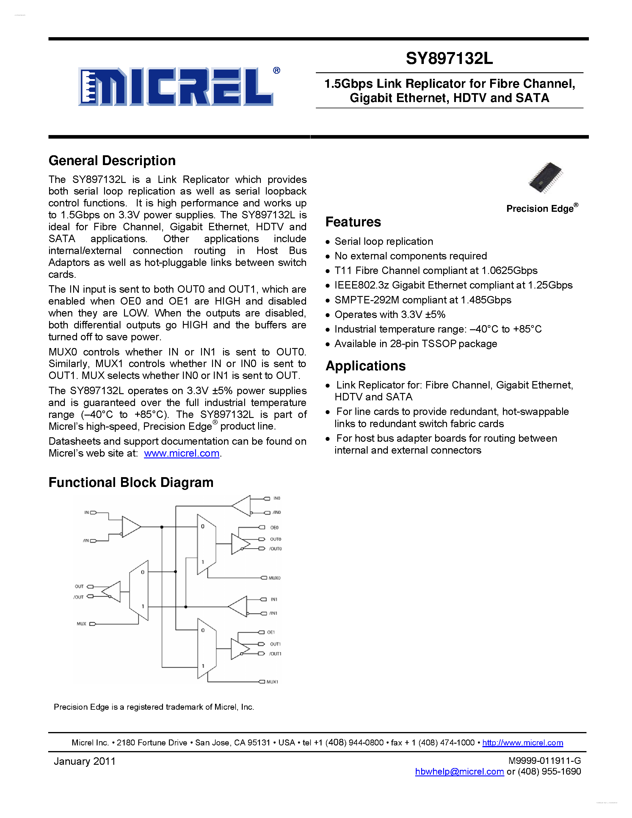Datasheet SY897132L page 1 Datasheet SY897132L - 1.5Gbps Link Replicator page 1