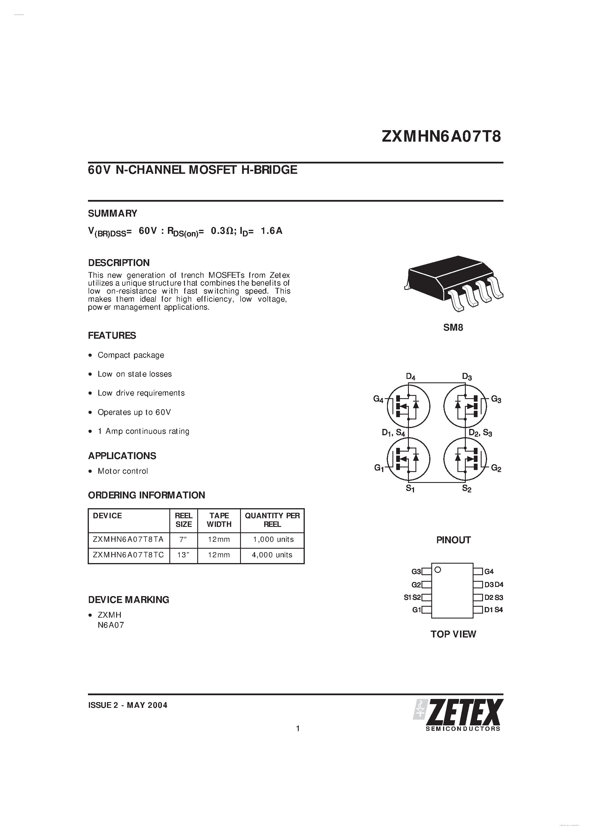 Даташит ZXMHN6A07T8 - 60V N-CHANNEL MOSFET H-BRIDGE страница 1