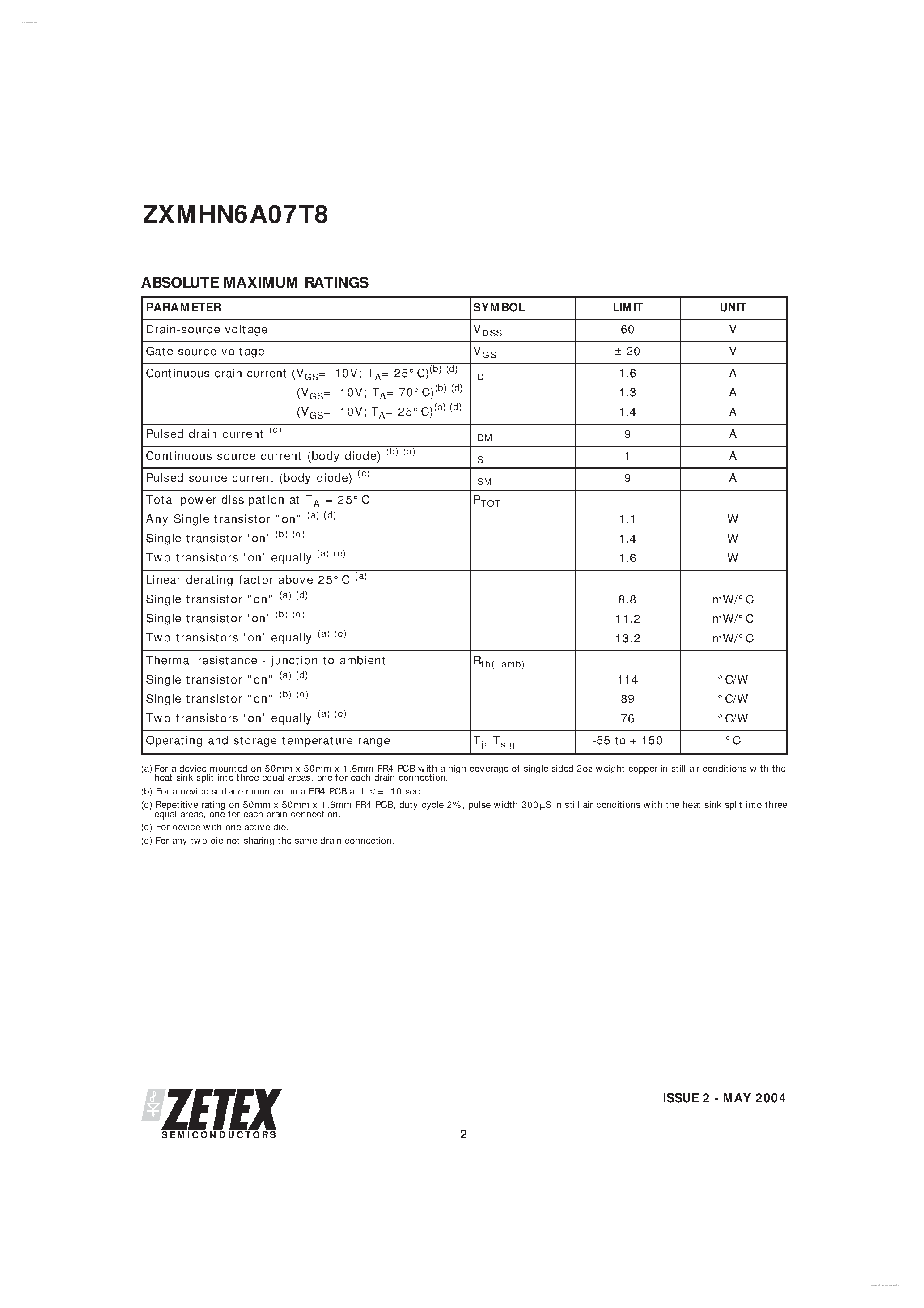 Даташит ZXMHN6A07T8 - 60V N-CHANNEL MOSFET H-BRIDGE страница 2