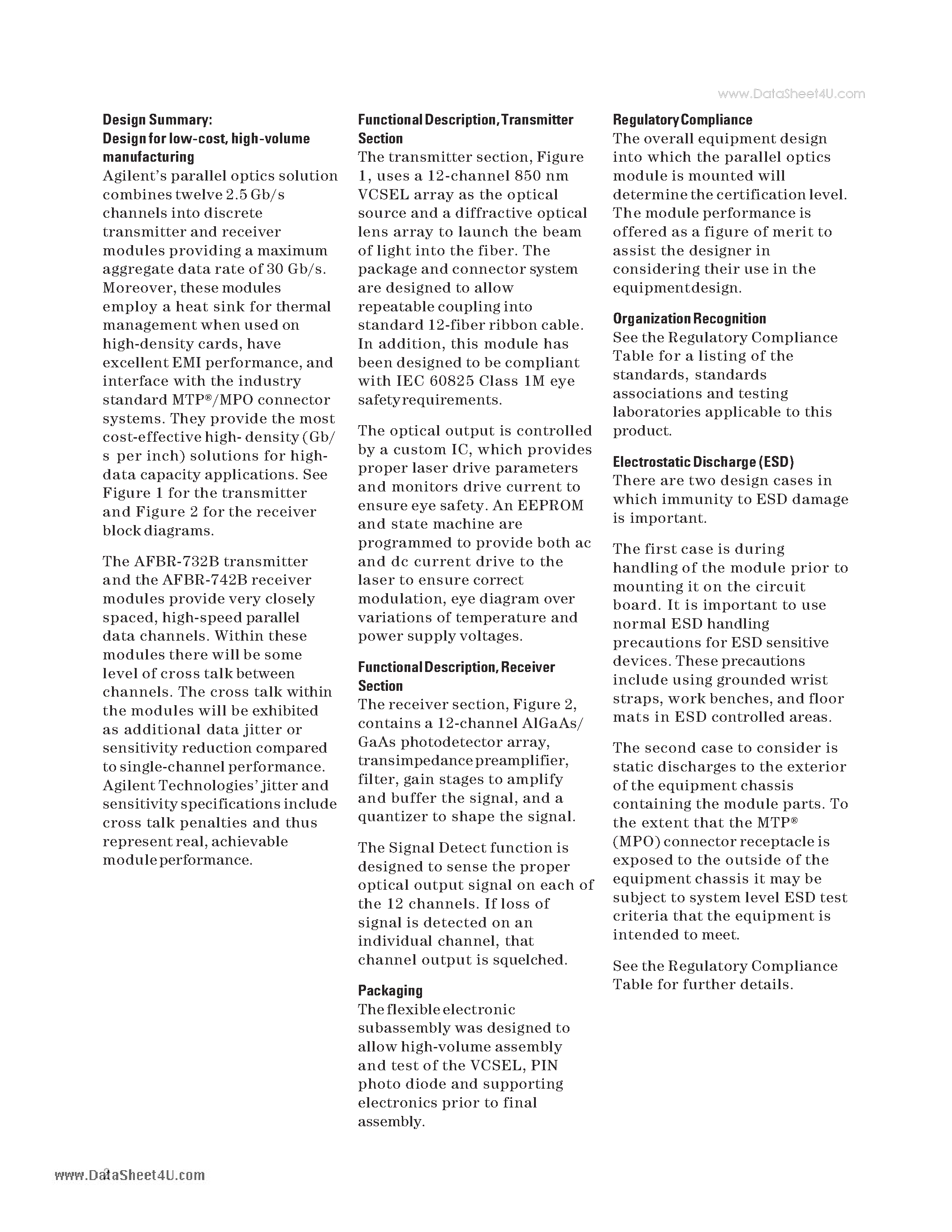 Даташит на микросхему AFBR-732B страница 2 Даташит AFBR-732B - Ultra Short Link Pluggable Parallel Fiber Optic Modules страница 2