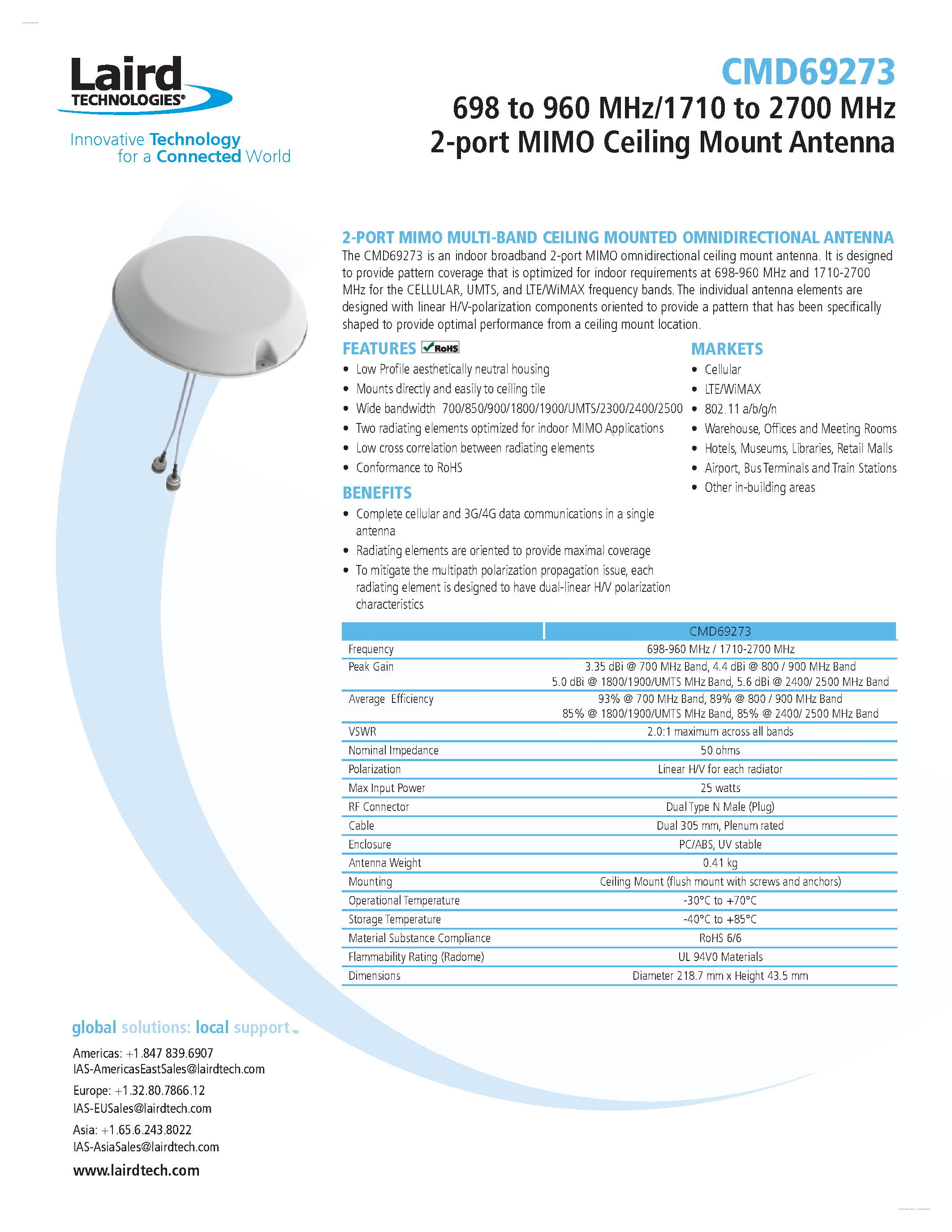 Даташит на микросхему CMD69273 страница 1 Даташит CMD69273 - 2-port MIMO Ceiling Mount Antenna страница 1