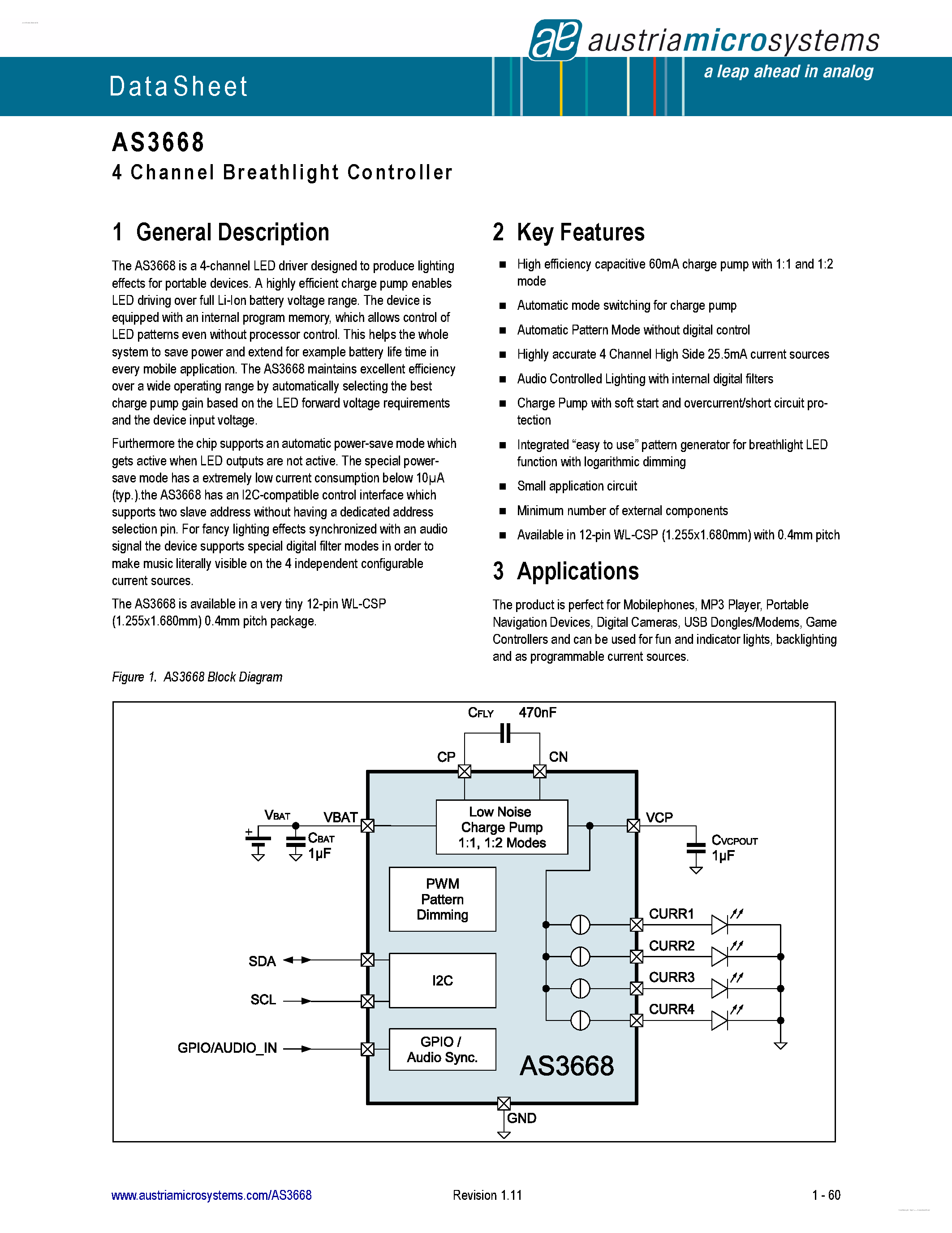 Datasheet AS3668 - 4 Channel Breathlight Controller page 1
